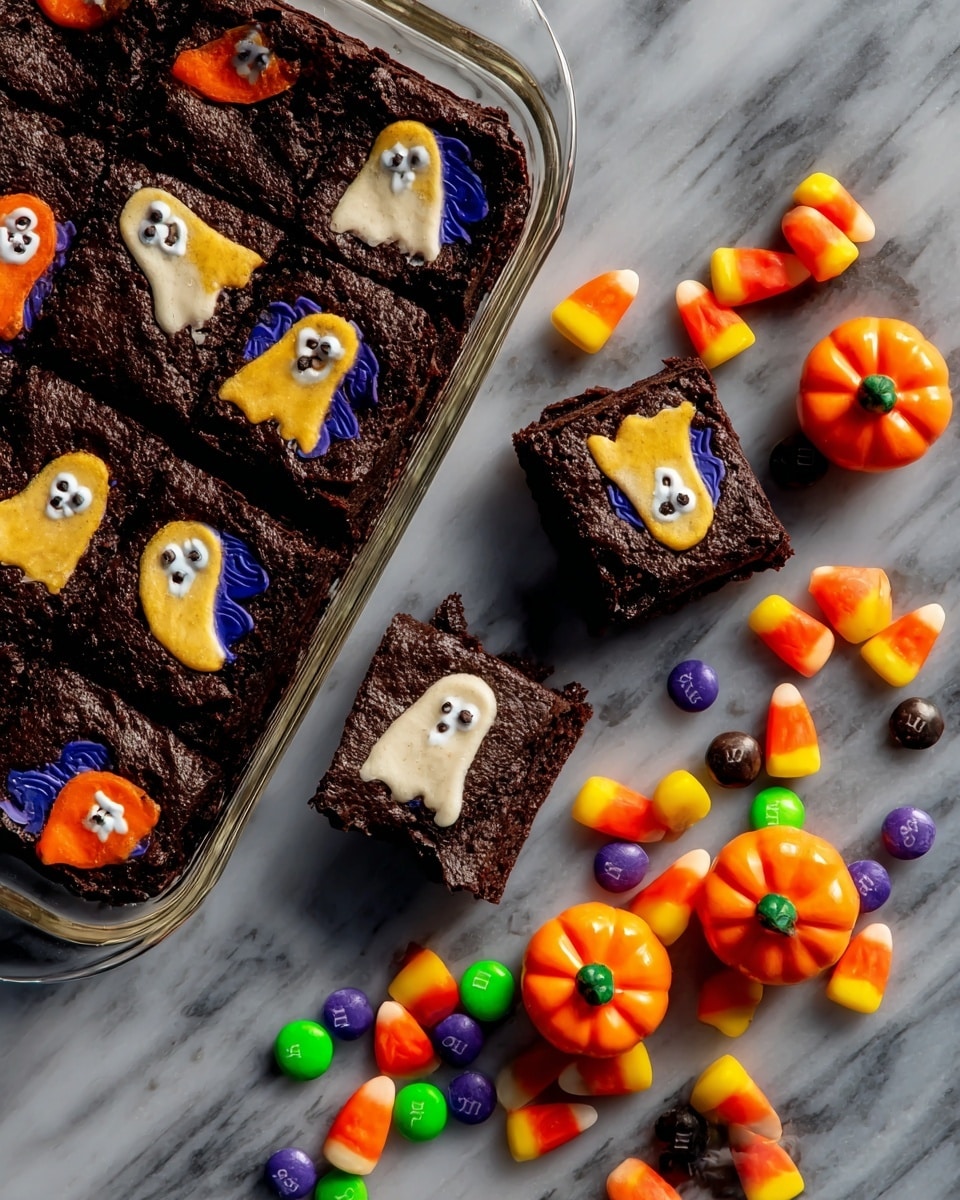 The image shows a white rectangular glass baking dish filled with dark brown brownies, each square topped with a light yellow and blue spooky ghost design. Several brownie squares are cut out and placed on a white marbled surface around the dish. Scattered next to the brownies are colorful Halloween candies, including orange, black, and yellow candy corns, small orange pumpkins with green tops, and round M&M's in orange, green, purple, and red colors. The brownies have a cracked top texture, showing a dense and fudgy inside. photo taken with an iphone --ar 4:5 --v 7