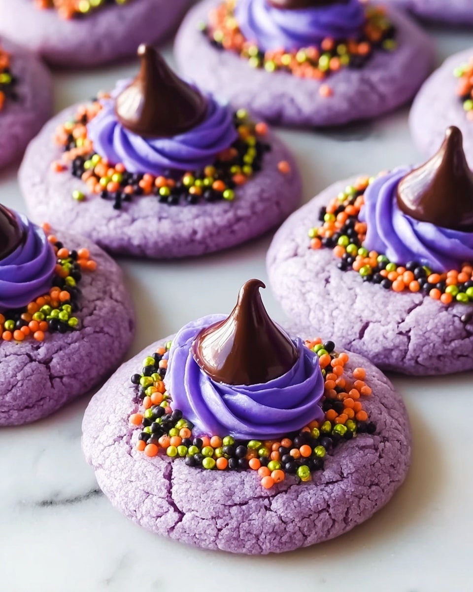 The image shows several round cookies with a bright purple color and a slightly cracked textured surface. Each cookie has one thick ring of lighter purple frosting placed in the center on top, decorated with small round sprinkles in black, orange, yellow, and light green. A single large, smooth, brown chocolate candy sits upright in the very center of the frosting ring on each cookie. The cookies are laid out on a white marbled surface, spaced evenly apart. photo taken with an iphone --ar 4:5 --v 7