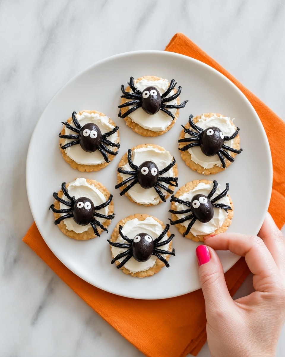 A small round cracker forms the base layer, light brown with a slightly rough texture. On top is a thick layer of white creamy spread, soft and slightly uneven. Above the spread, there are black olive slices arranged like spider legs around a whole black olive in the center, creating a spider shape. The snack is held by a woman's hand with nails painted dark red, against a blurry white marbled surface with a white plate and similar snacks lightly visible in the background, photo taken with an iphone --ar 4:5 --v 7