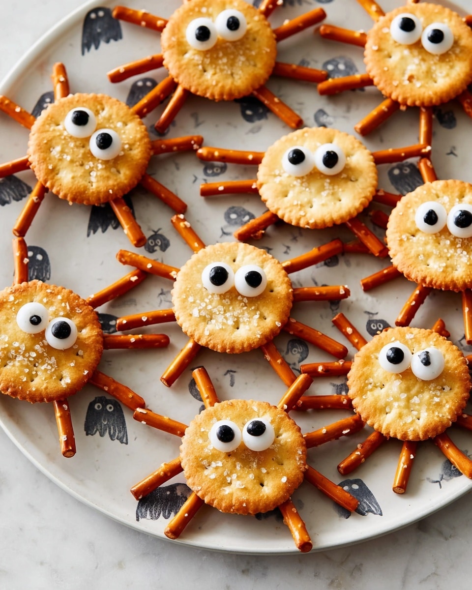 The image shows a hand holding a small snack shaped like a spider made of two round golden crackers sandwiched together, with eight short pretzel sticks sticking out from between the crackers as legs. On the top cracker, two small white candy eyes with black centers are placed near the top, giving the spider a cute face. More of these spider snacks are placed on white plates on a white marbled surface in the background. The lighting is bright and clear, making the golden brown colors of the crackers and pretzels stand out. photo taken with an iphone --ar 4:5 --v 7