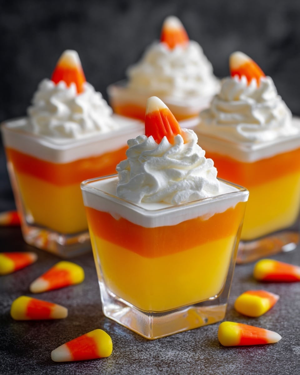 Three small clear square cups each hold a two-layer dessert placed on a white marbled surface. The bottom layer is bright orange, smooth, and translucent. On top of this is a creamy off-white layer that is solid but soft. A thick swirl of white whipped cream with a soft texture is being piped onto the center of the middle cup’s top, while the cups on the left and right already have the whipped cream fully shaped into a peak. Photo taken with an iphone --ar 4:5 --v 7