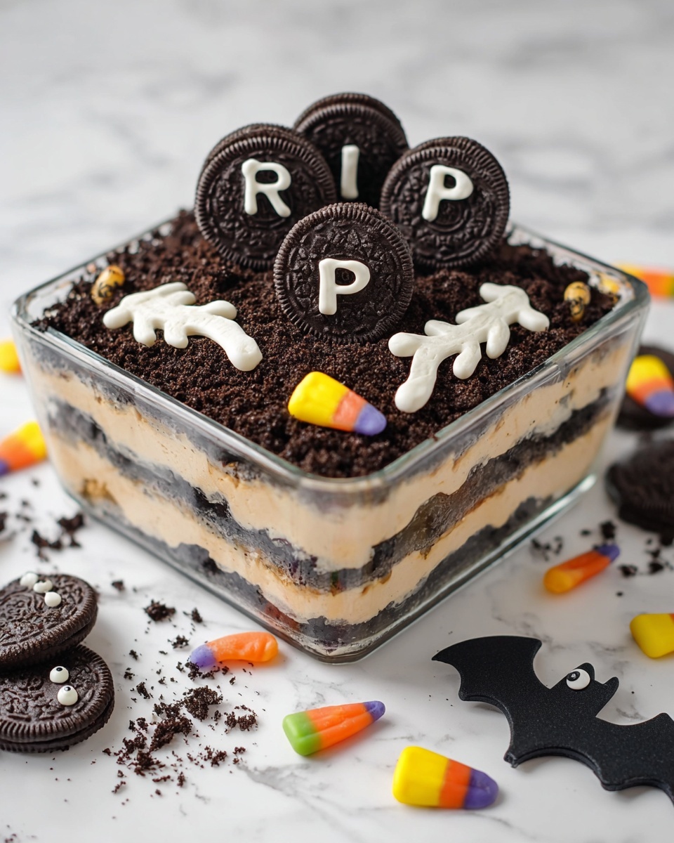 A square clear glass dish holds a layered dessert with four visible layers. From bottom to top, the first layer is light brown and creamy, followed by a dark crumbly layer, then another light brown creamy layer, and a final thick dark crumbly layer on top resembling soil. Six mini Oreo cookies stand upright in the top layer, each decorated with white chocolate letters spelling