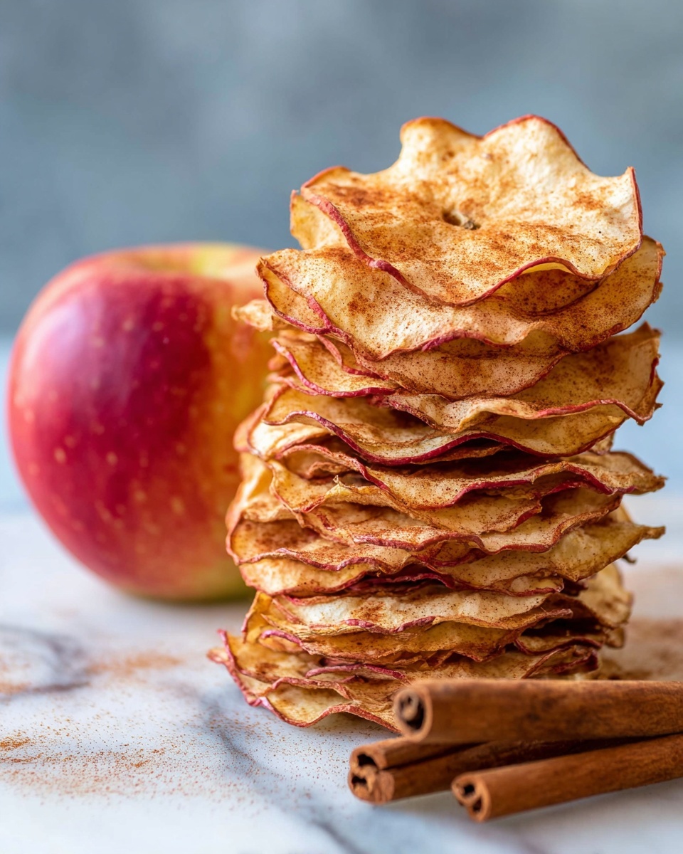A pile of thin, round apple slices with the centers removed, showing light cream color with red edges from the apple skin, all sprinkled evenly with brown cinnamon powder, scattered on a white marbled surface, with two cinnamon sticks placed near the bottom right of the pile. Photo taken with an iphone --ar 4:5 --v 7