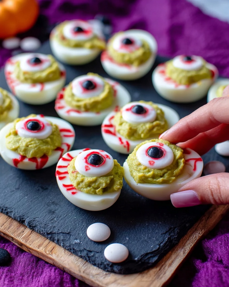 The image shows a wooden board with a dark slate center holding ten halved hard-boiled eggs arranged neatly. Each egg half has three layers: a smooth white egg white base, a filling layer that varies between greenish and pale yellow, and a round black and white candy eye placed on top. The egg whites are decorated with red streaks that mimic blood vessels. Around the board, colorful candy eyes scatter on a purple cloth with a white marbled texture background under it. photo taken with an iphone --ar 4:5 --v 7