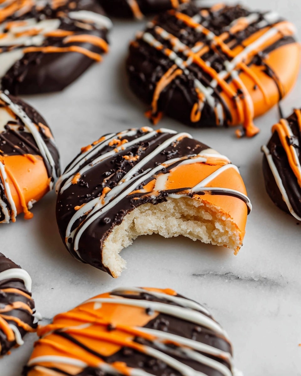 The image shows several round cookies covered in smooth chocolate layers, with some being dark chocolate and others white or orange chocolate. Each cookie has thin lines of white, orange, and dark chocolate drizzled on top in a random pattern, creating a colorful contrast on the smooth surface. The cookies are placed on a white marbled texture surface, and the textures of the chocolate are shiny and glossy, highlighting the rich coating on each cookie. photo taken with an iphone --ar 4:5 --v 7