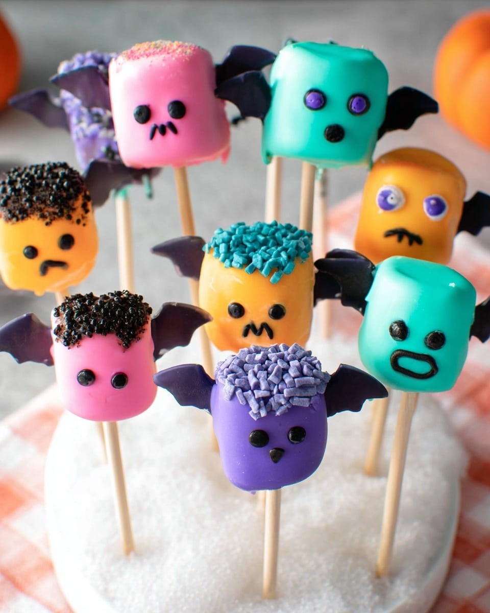 The image shows eight colorful marshmallows on sticks, decorated to look like funny monsters. Each marshmallow has one or two eyes made of candy on the front, with different expressions drawn in black. The colors include bright purple, teal blue, pink, and yellow. Some marshmallows have black candy sprinkles on top as hair, while one purple marshmallow has two Oreo cookie halves as ears. The sticks hold the marshmallows up, stuck in a round white foam base against a white marbled surface. The overall look is playful and cute, with each monster having a unique face and hairstyle, bright and shiny in the light. photo taken with an iphone --ar 4:5 --v 7