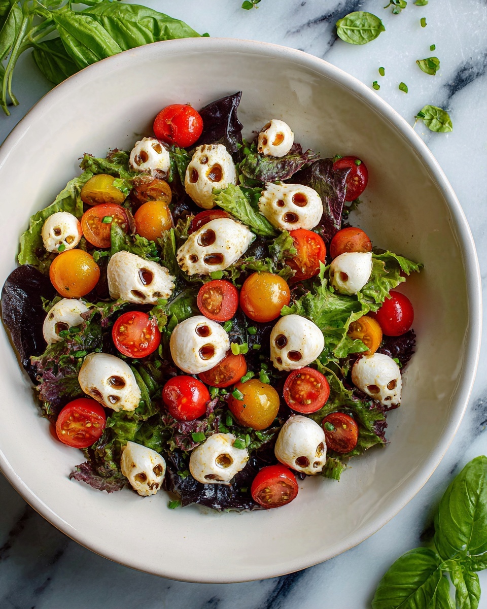 Halloween Salad with Mozzarella Skulls and Cherry Tomatoes Recipe