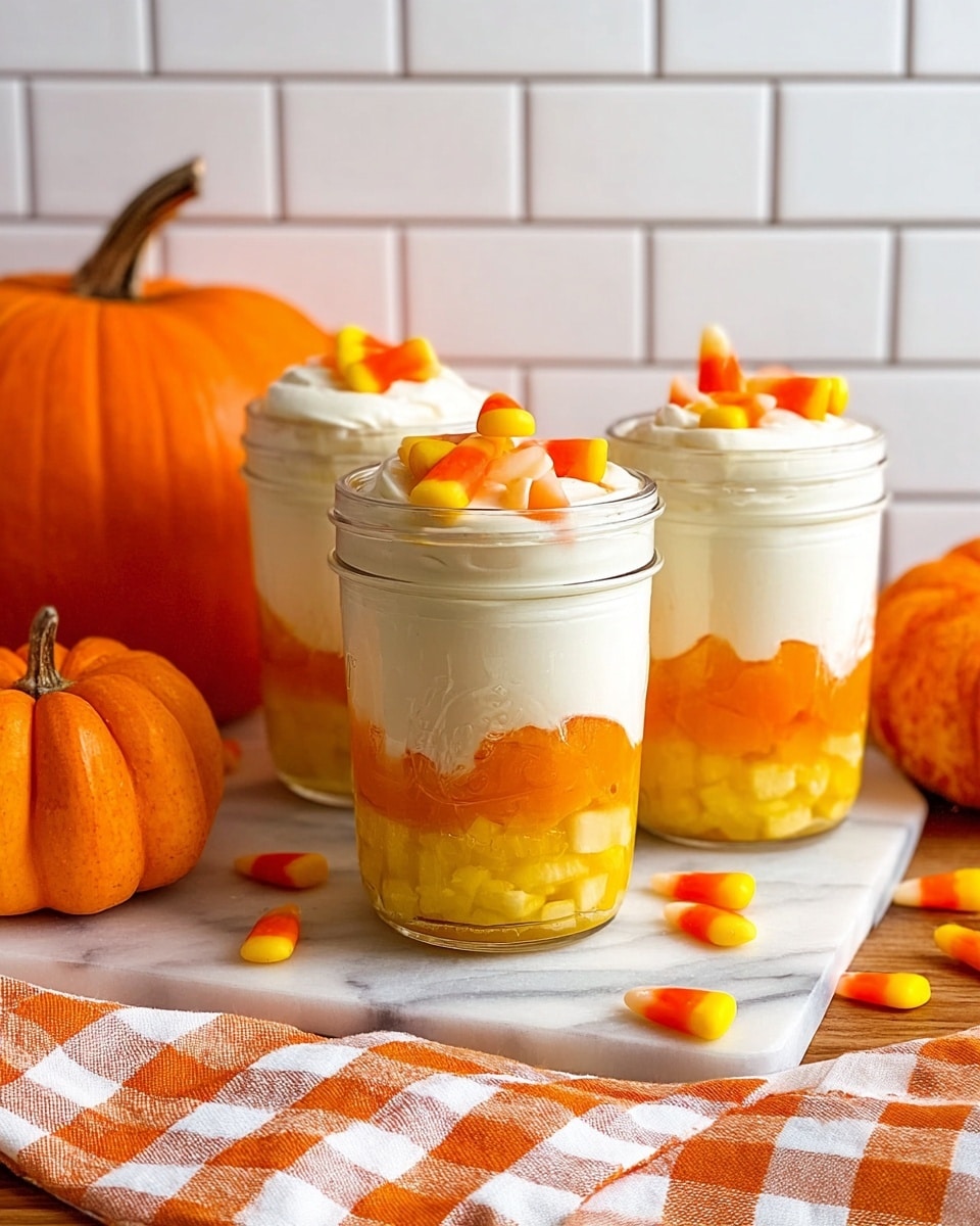 The image shows three glass jars filled with creamy white yogurt, each topped with a few vibrant orange, yellow, and white candy corn pieces. The jars are placed on a wooden board, which has more scattered candy corn around them. Surrounding the board are small orange pumpkins, adding a bright autumn touch. The background is a white marbled surface, with a white cloth that has a brown checkered pattern partially visible in the top left corner. Photo taken with an iphone --ar 4:5 --v 7