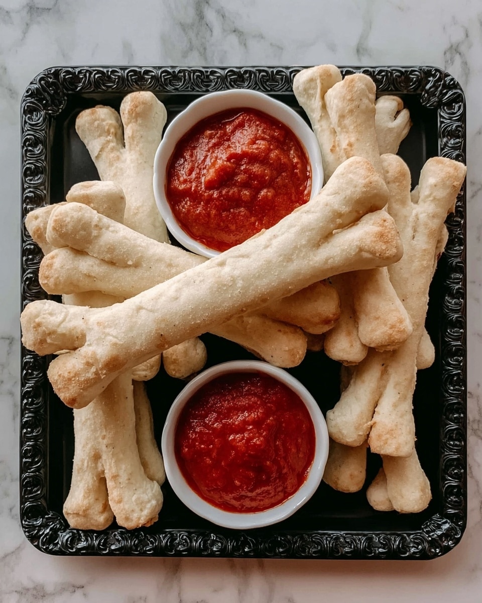 A woman's hand is holding a light beige soft bread shaped like a bone, with the rounded end dipped in bright red tomato sauce that has a smooth, slightly chunky texture. The bone-shaped breads are laid on a white plate with a black skeleton hand design, arranged so several are visible in the background. To the side on the plate is a small white bowl filled with the same red tomato sauce. The setting is on a white marbled surface. Photo taken with an iphone --ar 4:5 --v 7