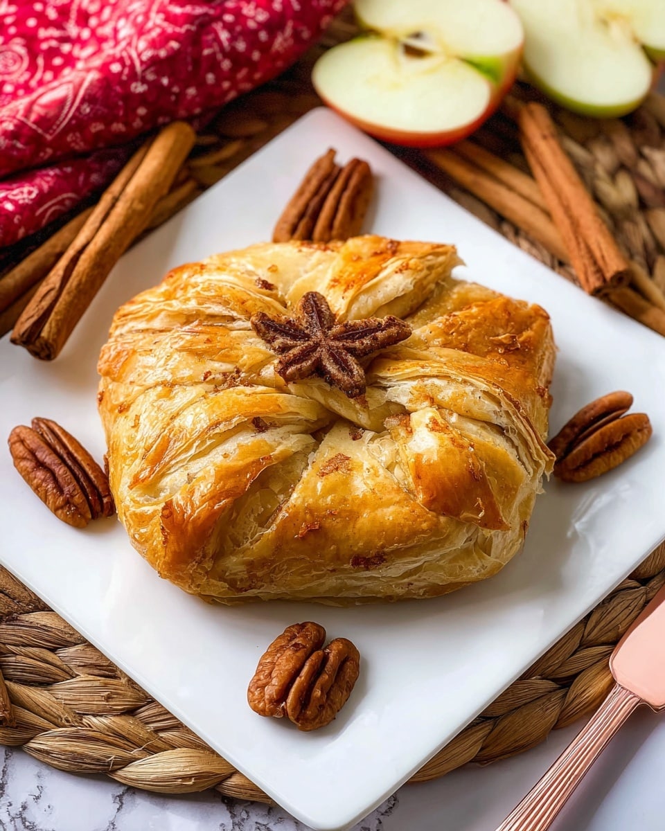 A golden brown pastry with a folded, layered look sits in the center of a white square plate. The pastry is round with crisply baked edges and a small piece of dough twisted on top. Surrounding the pastry are cinnamon sticks, pecans, and two thin apple slices with the star-shaped core visible, placed near the top edge of the plate. A rose gold knife rests at the bottom right, next to more cinnamon sticks and pecans. The plate is on a white marbled surface with a woven basket and a red patterned cloth partially visible in the background photo taken with an iphone --ar 4:5 --v 7