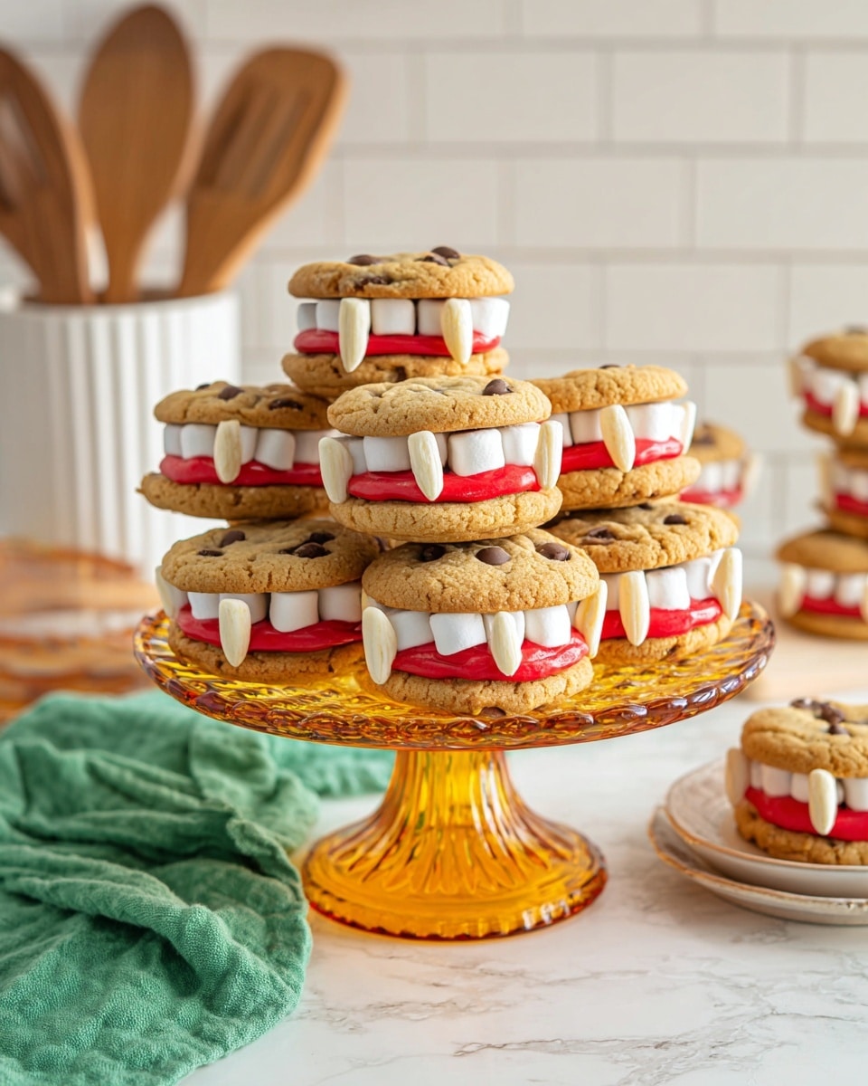 A stack of chocolate chip cookie sandwiches is arranged on a decorative amber glass cake stand. Each sandwich has two golden-brown cookies with visible chocolate chips on the top and bottom layers. Between the cookies, there is a bright red frosting layer topped with mini white marshmallows shaped like teeth, with two long almond slices on each side resembling fangs. The background includes a white marbled countertop and a white container with wooden kitchen utensils. A green cloth is draped at the base of the cake stand photo taken with an iphone --ar 4:5 --v 7
