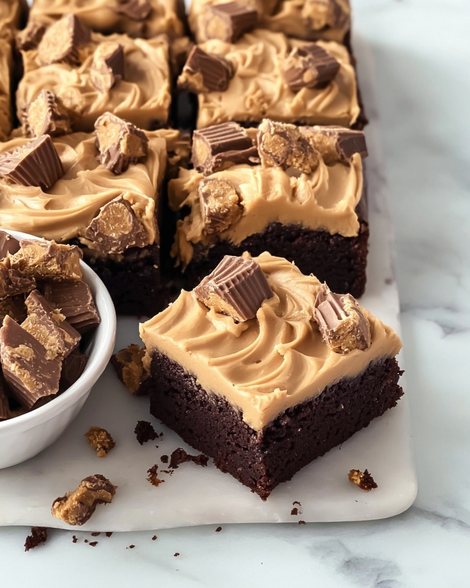 A close-up view of nine square chocolate brownies arranged on a white marbled surface, one brownie slightly pulled away from the group with crumbs scattered around; each brownie has a thick, smooth layer of light brown peanut butter frosting swirled on top, sprinkled with uneven chunks of peanut butter cups. Next to the brownies, a white bowl filled with more broken peanut butter cup pieces is partially visible. The frosting looks creamy and contrasts with the dense, dark chocolate brownie base. The photo taken with an iphone --ar 4:5 --v 7