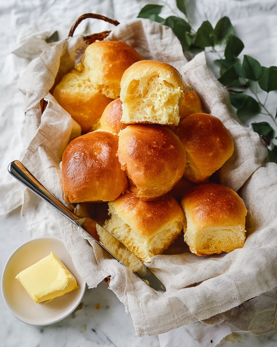 A basket lined with a beige cloth holds multiple golden brown soft dinner rolls, some stacked on top of each other, with one roll broken open to show its fluffy, light yellow inside. To the side of the basket is a small white dish containing a pale yellow square of butter. A silver knife rests across the corner of the basket with its blade pointing to the rolls. The whole scene is set on a white marbled surface with some green leaves nearby. Photo taken with an iphone --ar 4:5 --v 7