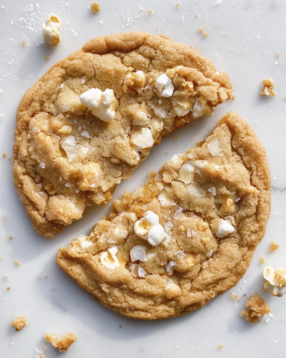 A single large cookie broken into two pieces with a soft, slightly wrinkled light brown surface, scattered with chunks of white popcorn on top. The cookie has a chewy texture with some visible flakes of sea salt sprinkled across its surface. It rests on a white marbled background with a matte finish and some small crumbs around it. Photo taken with an iphone --ar 4:5 --v 7