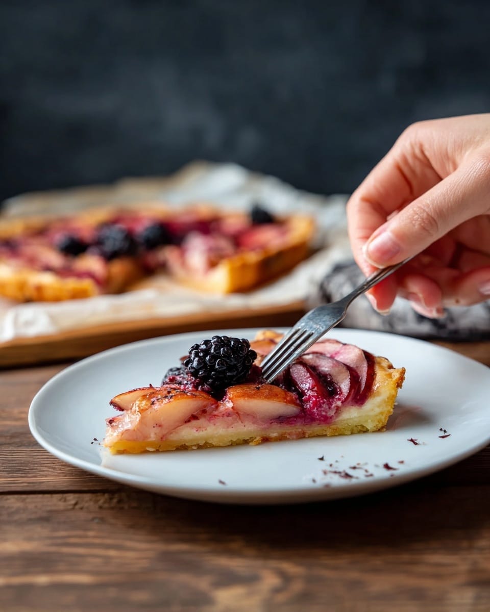 A slice of fruit tart sits on a white plate, with a thin golden crust at the bottom, topped by reddish pink slices of cooked fruit arranged in a curve, and several dark purple blackberries scattered on top. A woman's hand holds a fork lifting a small piece from the slice with a blackberry on it. In the background, the rest of the tart rests on parchment paper on a wooden surface, with a dark blurred wall behind. The surface the plate sits on is a white marbled texture. Photo taken with an iphone --ar 4:5 --v 7