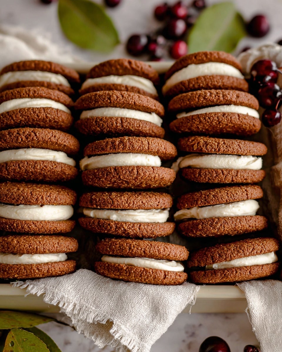 The image shows many sandwich cookies neatly stacked in rows on a white cloth inside a white tray. Each cookie has two rough-textured brown layers with a smooth, thick, creamy white filling in between. The cookies are uniform in shape and size, and the filling is evenly spread. Around the tray, there are small dark red berries with green leaves. The background features a white marbled surface, giving a clean and bright look to the whole setup. photo taken with an iphone --ar 4:5 --v 7
