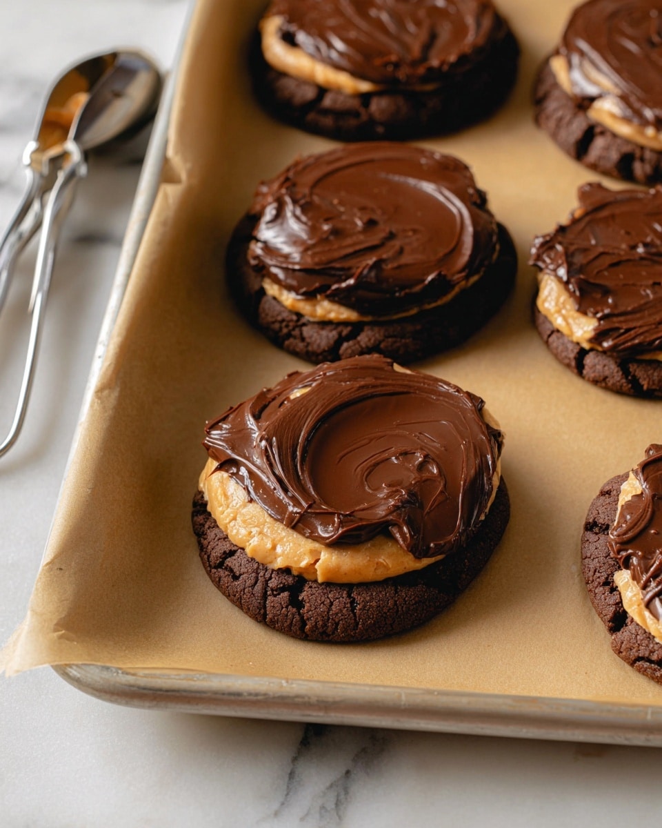 The image shows three chocolate cookies on a white marbled surface. Each cookie has three layers: a dark brown, cracked chocolate base, a thick middle layer of light brown peanut butter, and a top layer of dark, smooth, glossy chocolate spread. The focus is on the front cookie with the other two slightly blurred in the background. Behind the cookies, there is a clear measuring cup filled with peanut butter and a spoon inside it. Photo taken with an iphone --ar 4:5 --v 7