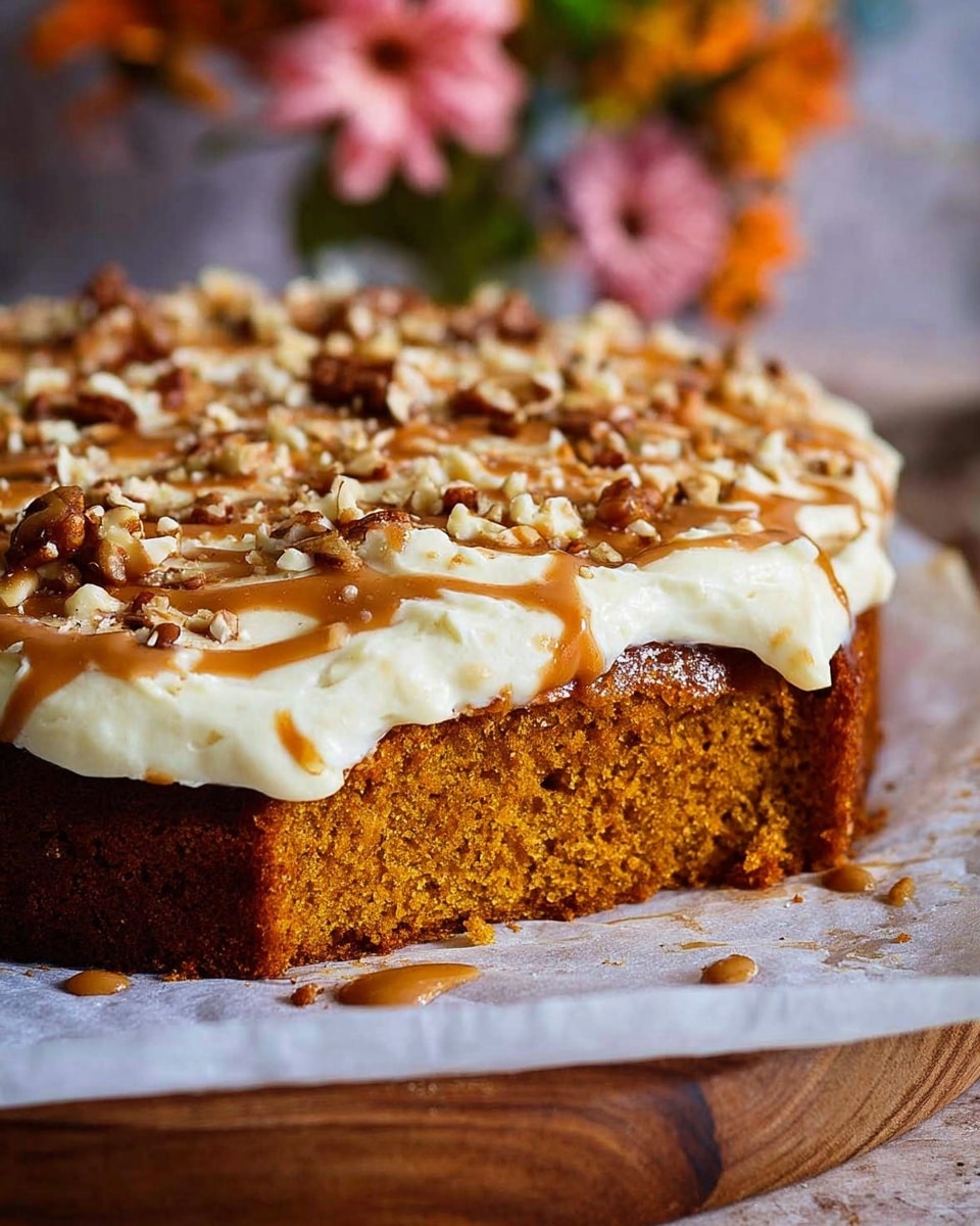 A single-layer orange-brown cake with a soft, moist texture is topped with a thick, white creamy frosting spread evenly across the top. The frosting is decorated with a scattering of chopped nuts, adding a crunchy texture, and drizzled with a glossy caramel sauce that runs slightly down the sides. The cake sits on white parchment paper placed on a wooden surface, with a blurred background of flowers and soft colors. The overall image has a warm and inviting feel. photo taken with an iphone --ar 4:5 --v 7