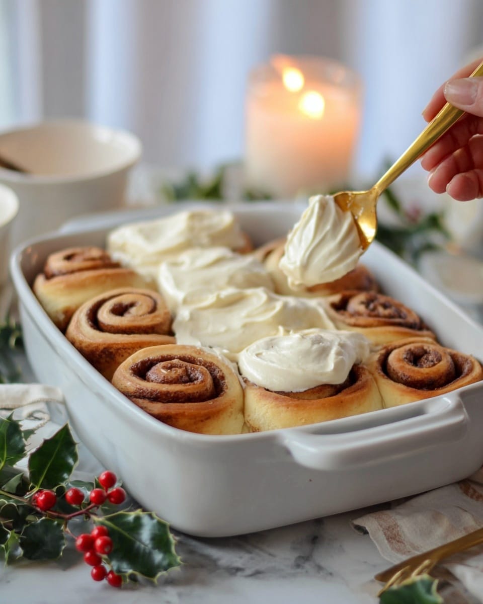 A white ceramic baking dish holds six cinnamon rolls arranged in two rows of three. The bottom layer shows soft, golden-brown rolls with dark brown cinnamon spirals visible on four of them. The top layer is thick, creamy white frosting spread unevenly over three of the rolls in the front and one in the back. A woman's hand is seen using a gold spoon to spread more frosting on the cinnamon roll in the back right corner. The dish sits on a white marbled surface with a lit white candle softly glowing in the blurred background. Sprigs of holly with red berries and green leaves add festive color near the bottom left of the dish. photo taken with an iphone --ar 4:5 --v 7