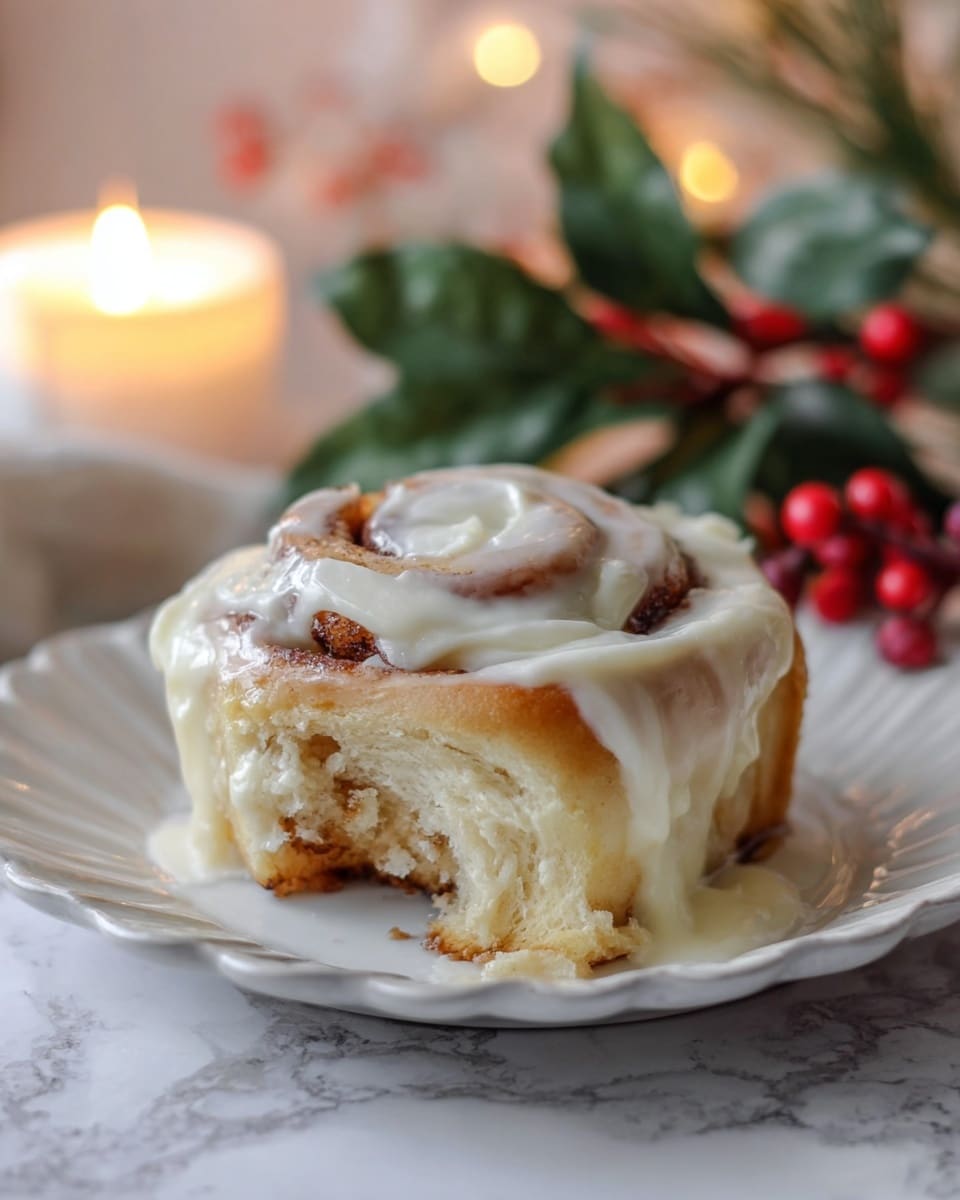 A single soft cinnamon roll sits on a white scalloped plate with three visible layers; the bottom layer is a light golden brown dough, the middle layer shows swirls of cinnamon sugar in a darker brown color, and the top layer is thick white cream cheese frosting spread generously, glistening and slightly melting over the sides. The roll is partially bitten, revealing the fluffy texture inside. The plate rests on a white marbled surface, with a blurred white candle glowing softly in the background and red berries with green leaves placed near the plate. photo taken with an iphone --ar 4:5 --v 7