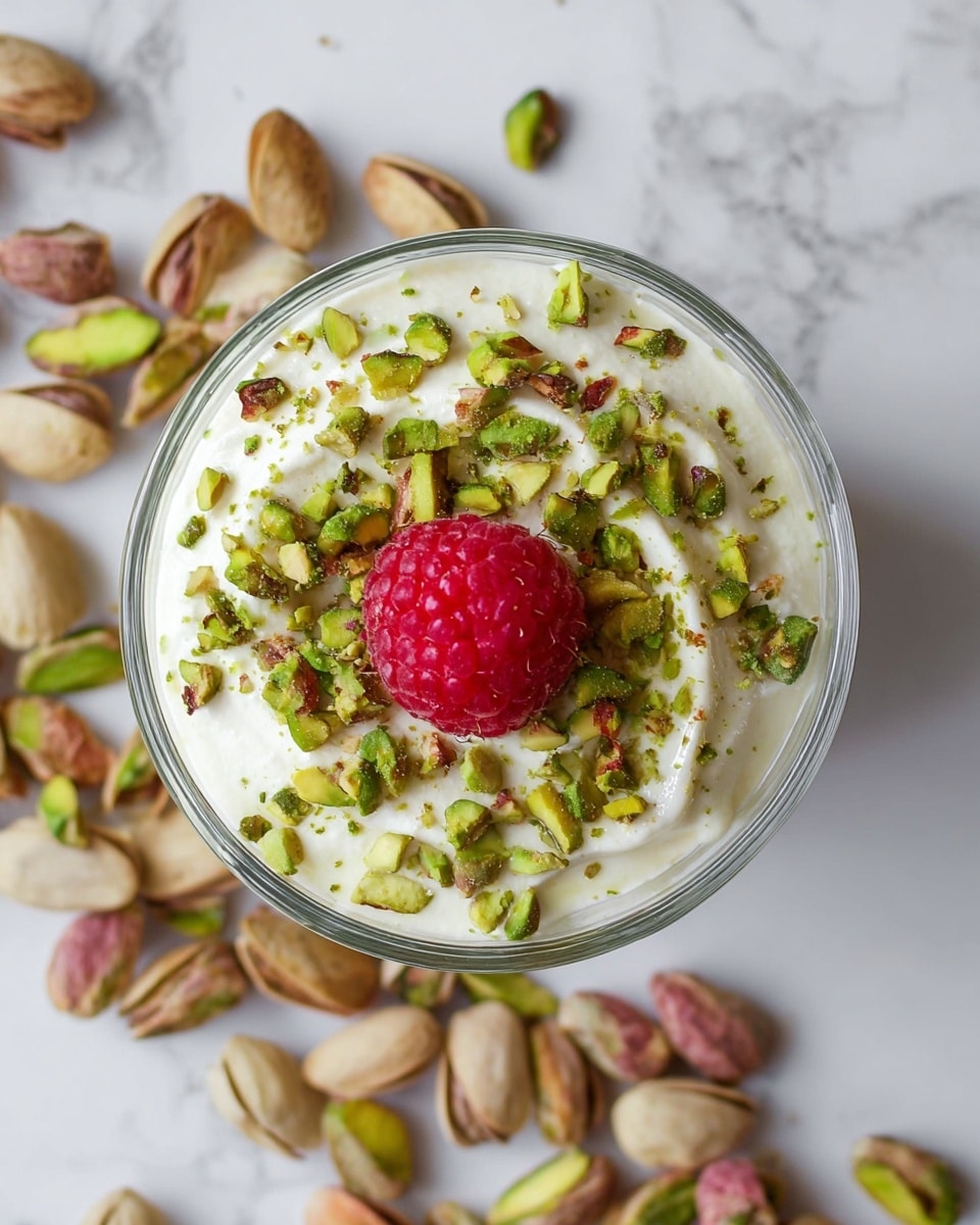 A clear glass cup with two visible layers sits on a white marbled surface. The bottom layer is thick and green with small dark specks, giving it a textured look. The top layer is smooth and white, covering the green layer evenly. On top, there is a decoration of chopped pistachio nuts scattered around, with a single bright red raspberry placed right in the middle. A white cloth is softly blurred in the background. Photo taken with an iphone --ar 4:5 --v 7