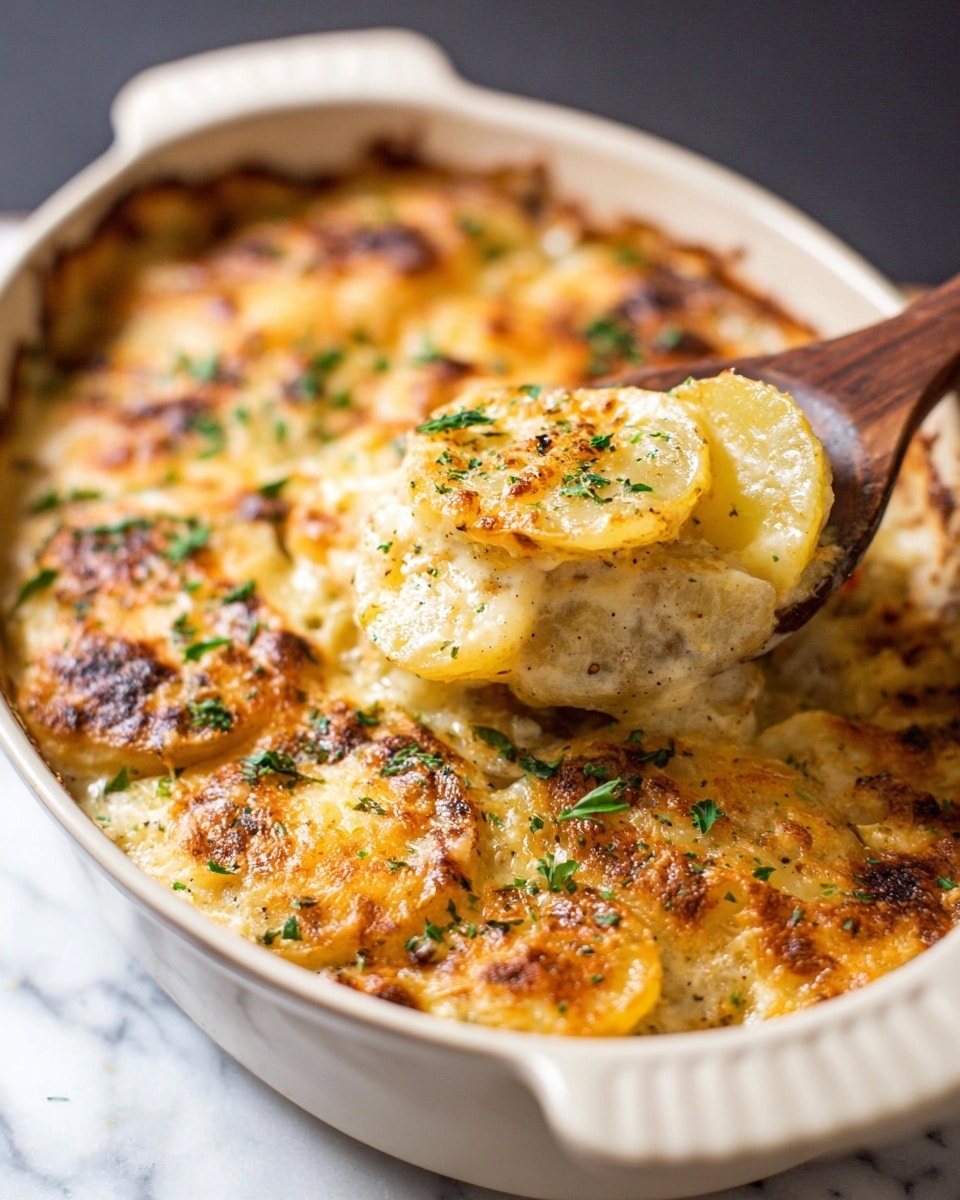 The dish is a baked potato casserole in a white ceramic oval dish, filled with several layers. The bottom layer shows soft but firm round potato slices in pale yellow, followed by a creamy beige sauce with bits of seasoning visible. The top layer is a golden-brown melted cheese crust with some darker, toasted spots and sprinkled with fresh green parsley flakes. A wooden spoon is lifting a portion, showing the soft potato layers inside under the browned cheese. The background is a white marbled surface. Photo taken with an iphone --ar 4:5 --v 7