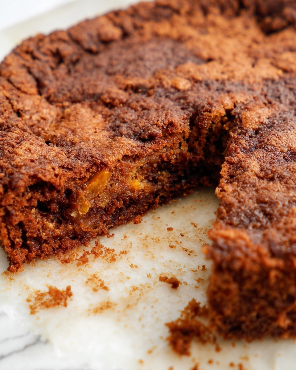 The image shows a close-up of a brown, crumbly cake with a dense texture. The cake has a cracked top layer with a rough surface, darker brown in color. One section of the cake is missing, revealing the moist inside, which is a mix of medium and darker brown shades, with small bits of orange pieces inside. The cake rests on a white marbled surface with some scattered crumbs around the bottom edge. Photo taken with an iphone --ar 4:5 --v 7