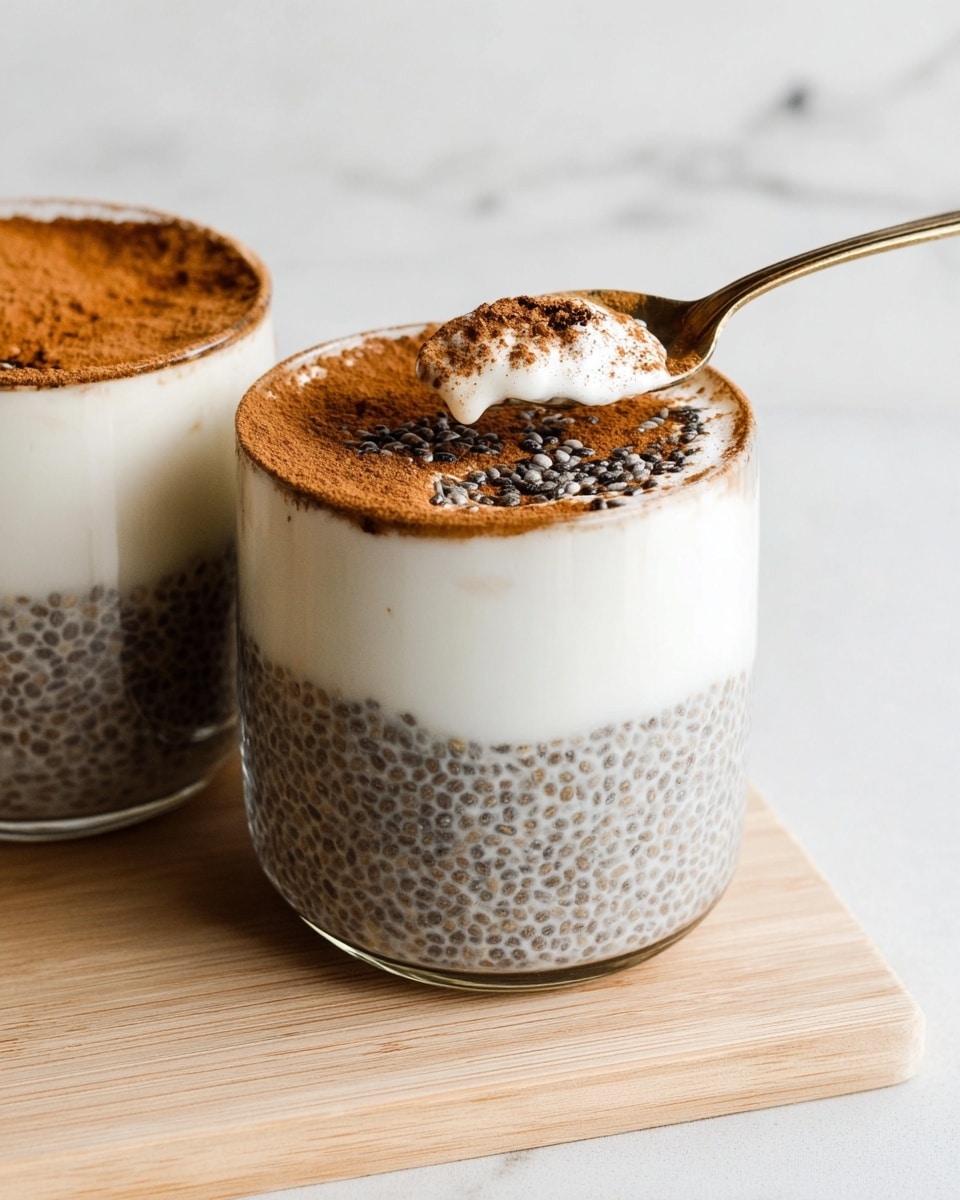 This image shows two clear glass cups filled with three layers. The bottom layer is a thick mixture of small black chia seeds soaked in a creamy gray-white liquid. The middle layer is a smooth white cream that covers part of the chia seeds on top. The top layer is a light brown powder sprinkled over the cream, forming a thin crust that edges the cup's rim. A spoon is dipping into the right cup, scooping up some of the cream and powder. The cups are placed on a light wooden surface with a white marbled texture background. Photo taken with an iphone --ar 4:5 --v 7