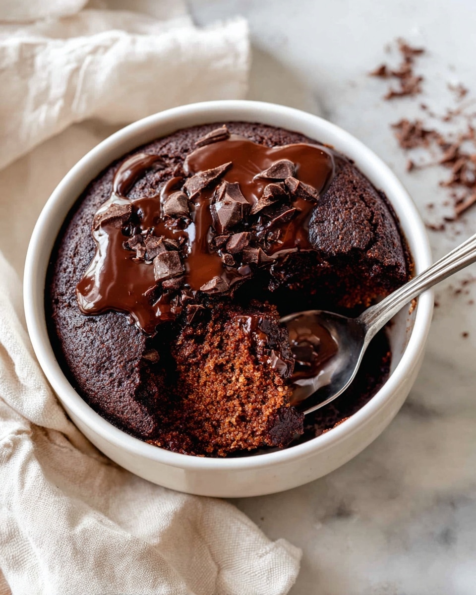 A single round white bowl filled with a rich dark chocolate cake layer topped with melted chocolate chunks and drizzles. The cake appears soft and moist with a scoop taken out revealing a dense and moist inner texture in a warm brown color. A shiny silver spoon is scooping the cake from the right side. The bowl is placed on a white marbled surface with a light cream cloth partially underneath. Photo taken with an iphone --ar 4:5 --v 7