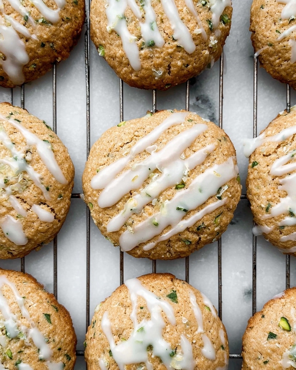 A metal baking tray holds twelve round cookies, arranged in a 4 by 3 grid. Each cookie is light brown with a slightly rough texture and contains visible thin, greenish strands mixed throughout, likely from zucchini. The cookies are evenly spaced, with slight cracks and just a small golden brown edge around them. The tray rests on a white marbled surface. photo taken with an iphone --ar 4:5 --v 7
