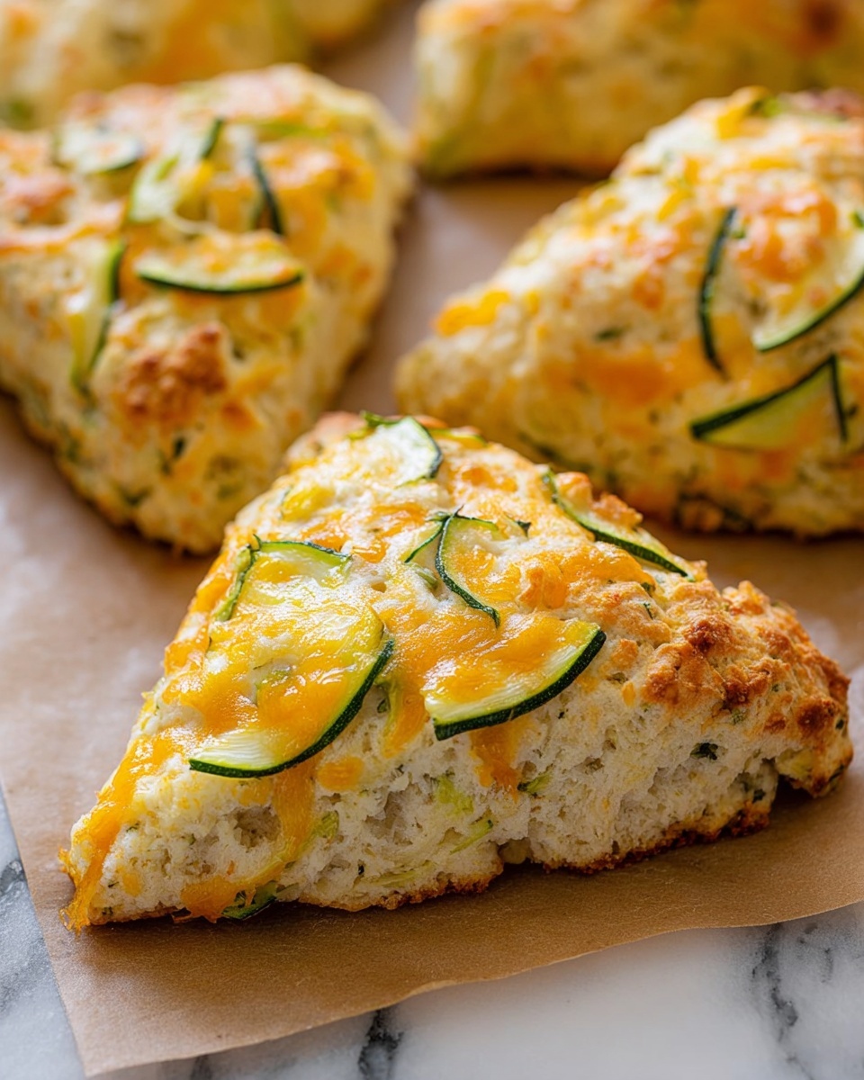 The image shows thick, triangular scones with a golden-yellow top layer speckled with green shreds of zucchini evenly spread throughout the dough. The scones have a rough texture with chunks of melted cheddar cheese visible on each piece. Their base is a light biscuit color, and slight browning is present on the edges, suggesting a crispy outer layer. There is a whole zucchini placed to the right side on a white marbled surface, and the scones sit on a sheet of parchment paper. The lighting highlights the softness and cheesy topping of the scones. photo taken with an iphone --ar 4:5 --v 7