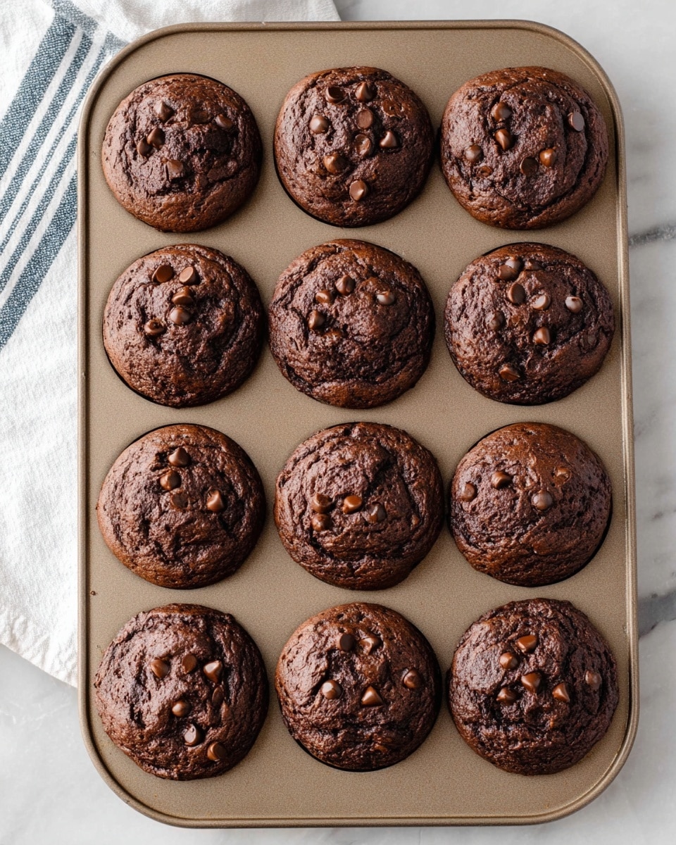 The image shows six chocolate muffins arranged on a white plate with a white marbled surface underneath. Five whole muffins have a dark brown, slightly cracked top sprinkled with small chocolate chips, creating a textured look. The sixth muffin is cut in half, revealing a moist, dense, and rich chocolate interior with small chocolate bits scattered throughout. Some muffin crumbs are scattered on the plate near the cut muffin, adding to the natural presentation. The overall look is warm and inviting with a focus on the chocolatey texture and the muffins’ slight shine. photo taken with an iphone --ar 4:5 --v 7