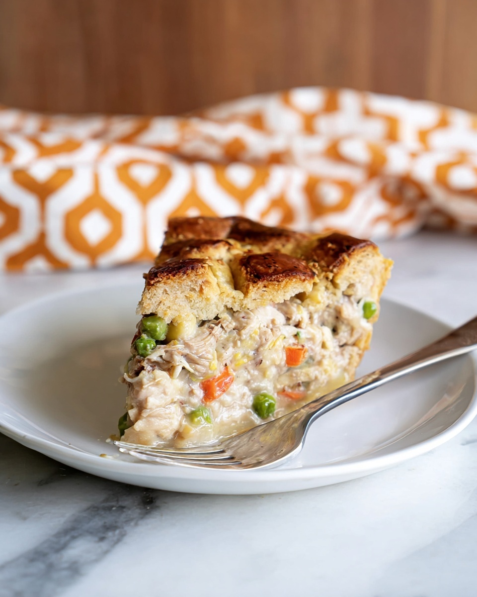 A single slice of layered savory pie sits on a white plate, with a silver fork next to it. The pie has a golden brown crust at the bottom and edges. Inside, the first layer includes chunks of light beige cooked meat mixed with soft small green peas and orange carrot pieces. Above this, a creamy white sauce fills spaces, making it moist and thick. The top layer is browned bread or dough pieces with a slightly crispy texture. In the background, a cloth with orange and white geometric patterns lies on a white marbled surface. Photo taken with an iphone --ar 4:5 --v 7