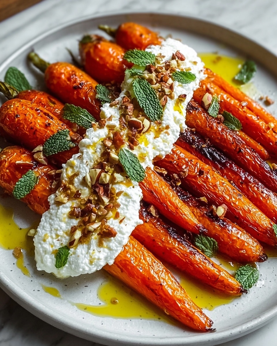 A round dark bowl holds a creamy white layer of soft cheese spread thickly at the bottom, with pools of golden olive oil shining on its surface. On top, eight vibrant orange roasted carrots with a shiny, slightly glazed texture lay in two neat rows, their green tops partially visible. The carrots are sprinkled with small chopped green herbs and bits of minced garlic. The glossy carrots glisten under soft light, showing tiny specks of black pepper. The bowl is placed on a white marbled surface. photo taken with an iphone --ar 4:5 --v 7
