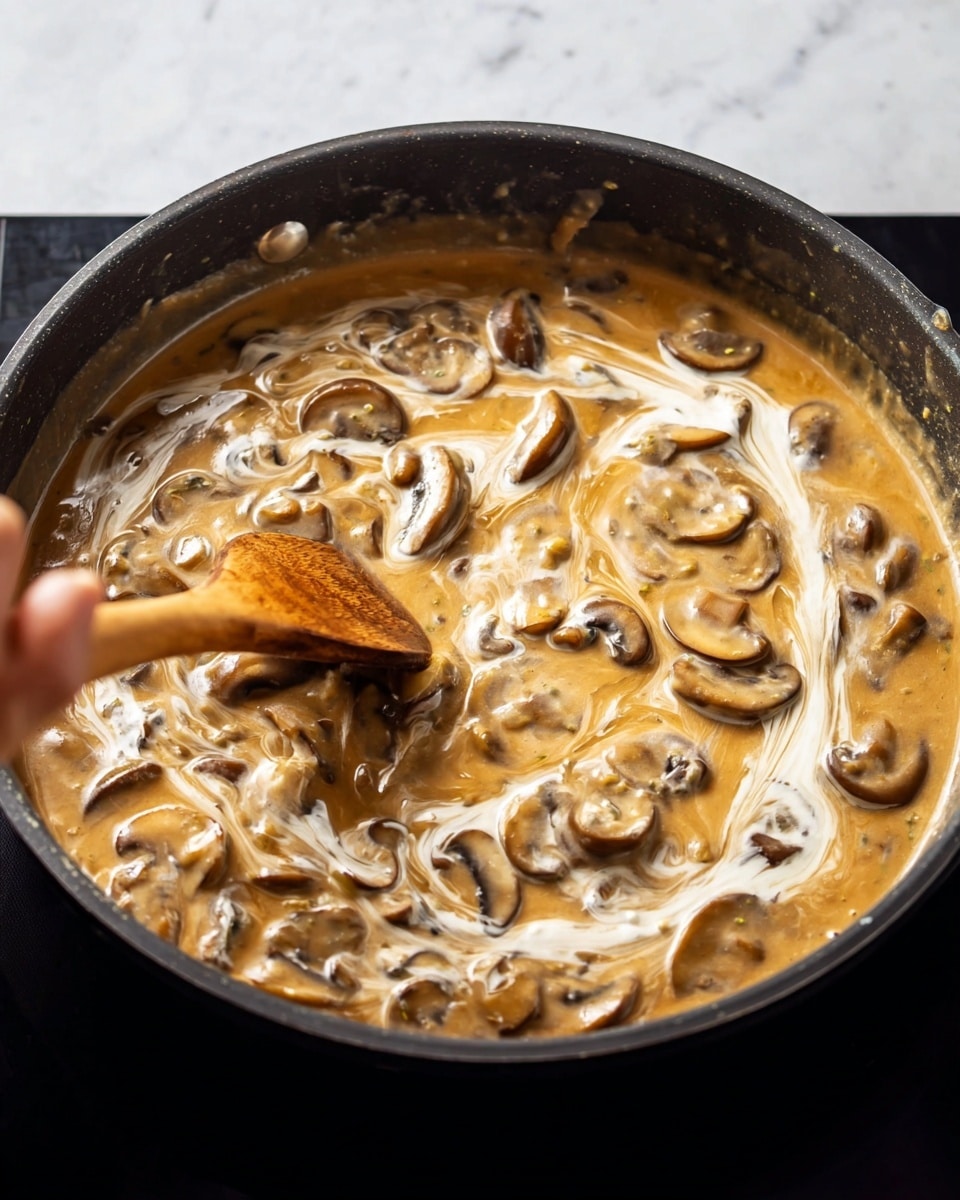 A close-up view of a black pan filled with a creamy mushroom sauce. The sauce has many brown mushroom slices mixed evenly throughout a light brown and creamy liquid base. Swirls of white cream are swirling inside the sauce, showing a smooth texture. A wooden spoon, held by a woman's hand, is stirring the sauce from the left side, creating movement in the sauce near the center. The background is a white marbled texture. photo taken with an iphone --ar 4:5 --v 7