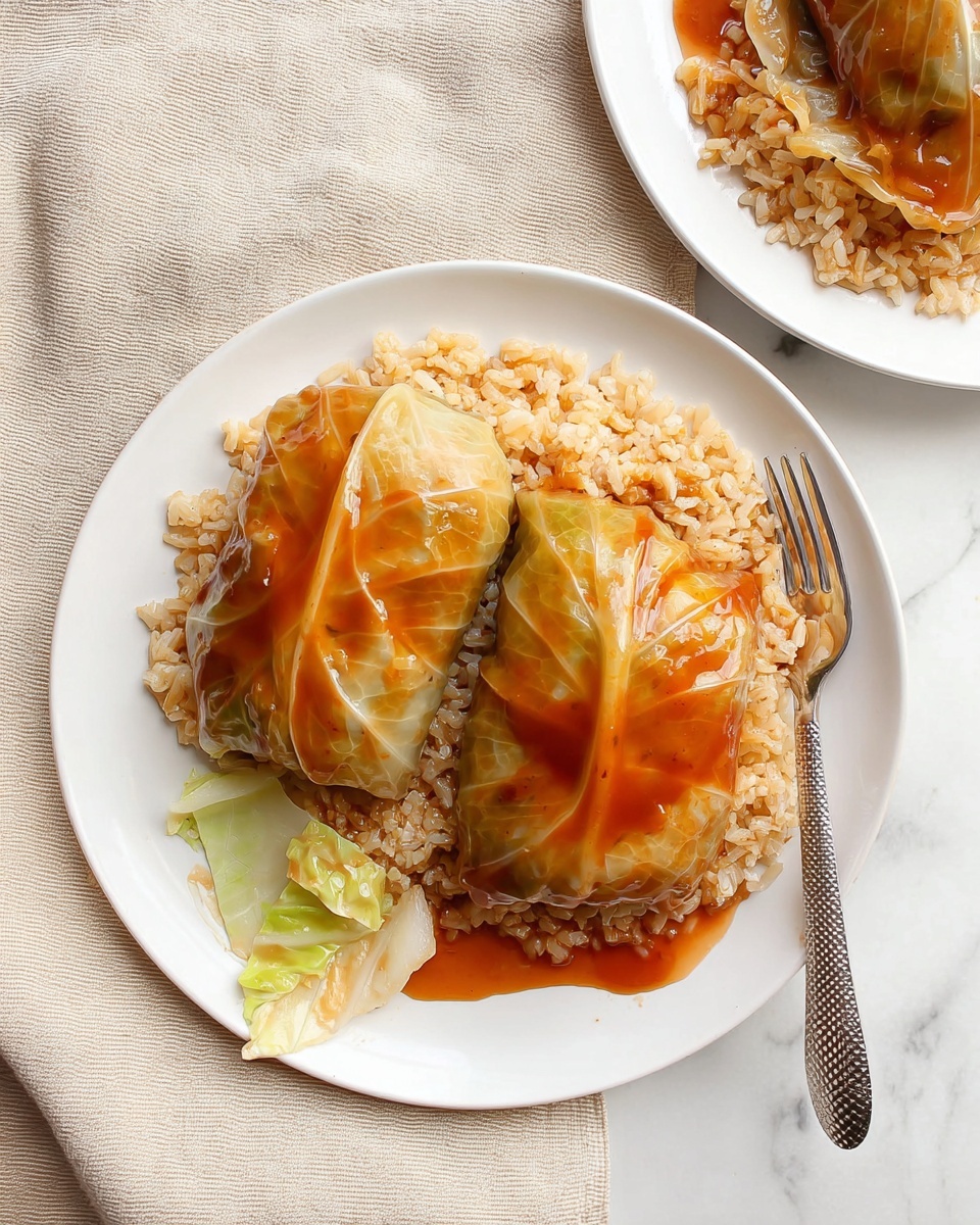 Two stuffed cabbage rolls sit side by side on a white plate, each wrapped in soft, translucent cabbage leaves with a warm, light brown and greenish tint. They are topped with a layer of smooth, shiny reddish-orange sauce that glistens under the light. The cabbage rolls rest on a bed of cooked brown rice, which looks fluffy with some rice grains lightly coated in the sauce. A small piece of cabbage sits near the bottom edge of the plate. A silver fork with textured handle lays on the right side of the plate, partly touching the cabbage and rice. The plate sits on a beige cloth on a white marbled surface. Photo taken with an iphone --ar 4:5 --v 7