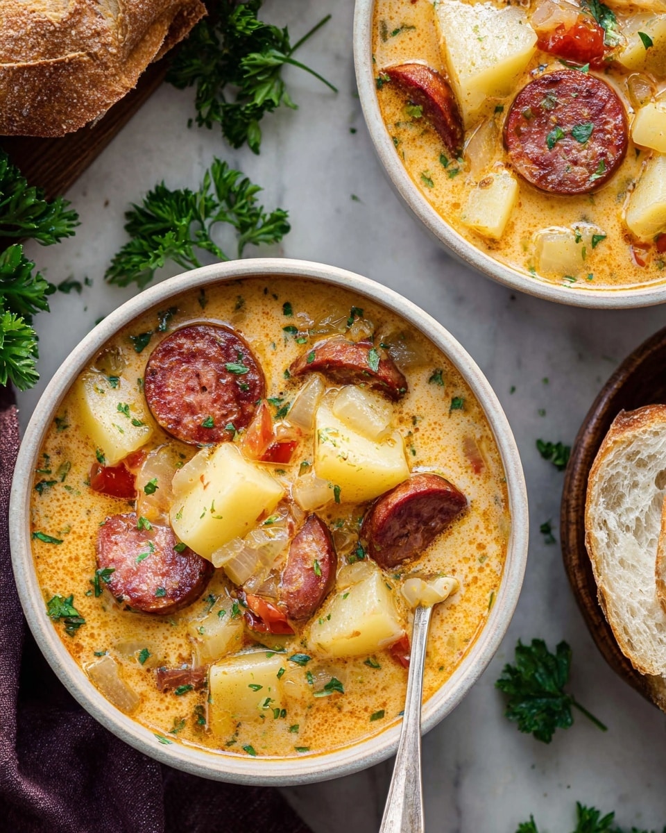 The dish shows two white bowls filled with a creamy soup that has large chunks of light yellow potatoes and thick, round slices of reddish sausage with brown edges. Small pieces of red bell pepper and finely chopped green herbs float on top, adding color. The soup looks smooth and slightly oily with an orange-tinted broth. A silver spoon rests inside the bowl at the bottom, and a torn piece of crusty bread with a golden crust sits nearby. The background features a white marbled surface with sprigs of fresh green parsley scattered around. Photo taken with an iphone --ar 4:5 --v 7