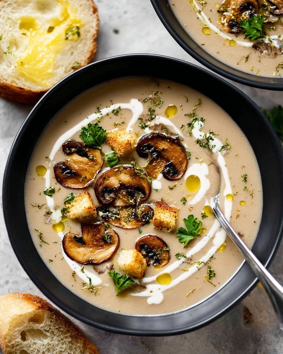 Creamy Mushroom Soup with Crispy Croutons and Fresh Herbs Recipe