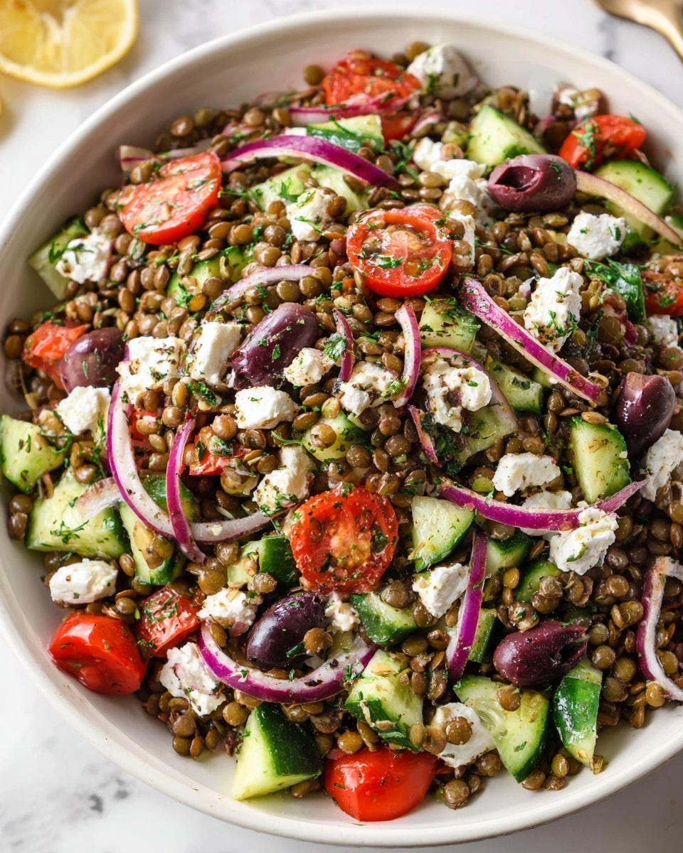 Lentil Salad with Cherry Tomatoes Cucumber Feta and Lemon Dressing Recipe