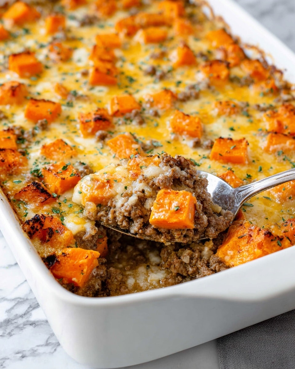 The dish shows a white plate with a single serving of a casserole made of several layers. The bottom layer has chunks of soft orange sweet potatoes. On top of that, there is a layer of browned ground meat mixed with small pieces of translucent cooked onions. The third layer is melted golden-yellow cheese covering the top, with some crispy browned edges. There are green herb flakes sprinkled over the top of the dish. In the background, a white marbled surface holds a large dark blue baking dish filled with more of the casserole. Photo taken with an iphone --ar 4:5 --v 7