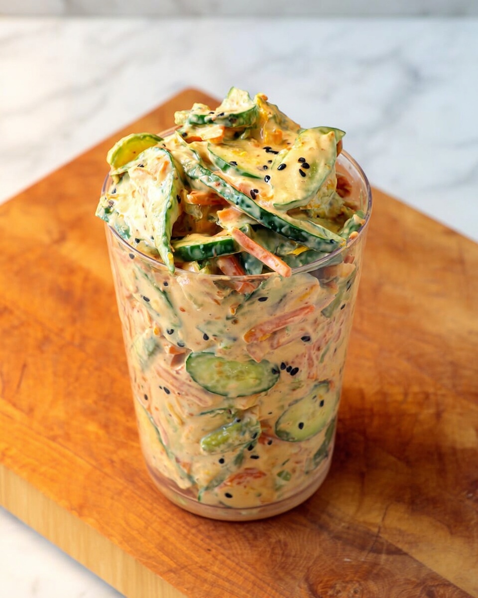 A tall, clear glass is filled with a creamy salad mixture showing visible layers of light green cucumber slices, thin orange carrot strips, and small green beans, all coated in a thick pale orange sauce with black sesame seeds scattered throughout. The salad is packed tightly to the rim, with some pieces slightly sticking out at the top. The glass sits on a wooden cutting board with a smooth texture, and the background is a white marbled surface. photo taken with an iphone --ar 4:5 --v 7