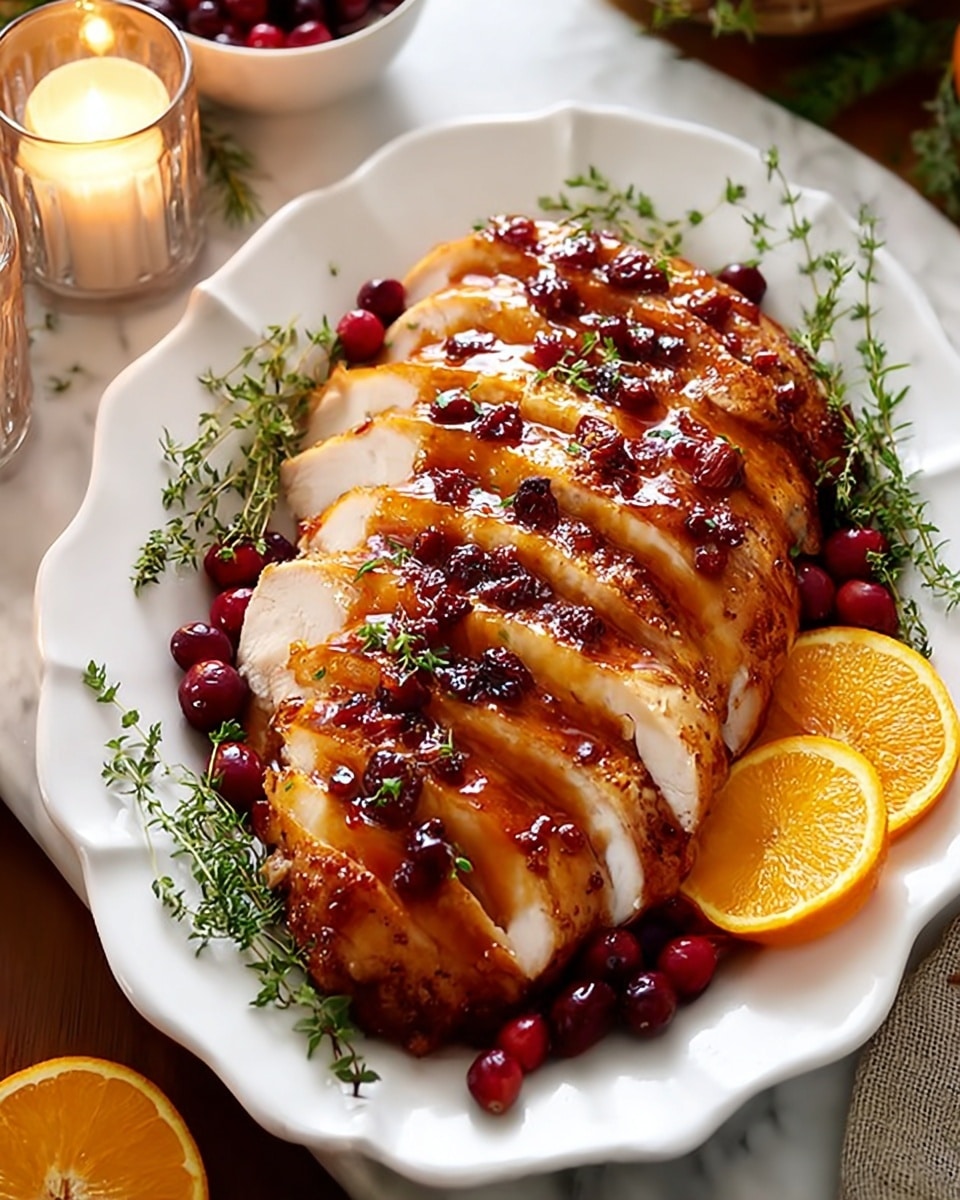 A white plate holds one large cooked, sliced piece of turkey with shiny golden-brown skin. The turkey is cut into 8 slices, with the outside glistening with sauce and small bits of red cranberries. Sprigs of green herbs are placed around the turkey on the plate, and there are 2 orange slices on the plate near the turkey. The background is a white marbled texture. photo taken with an iphone --ar 4:5 --v 7
