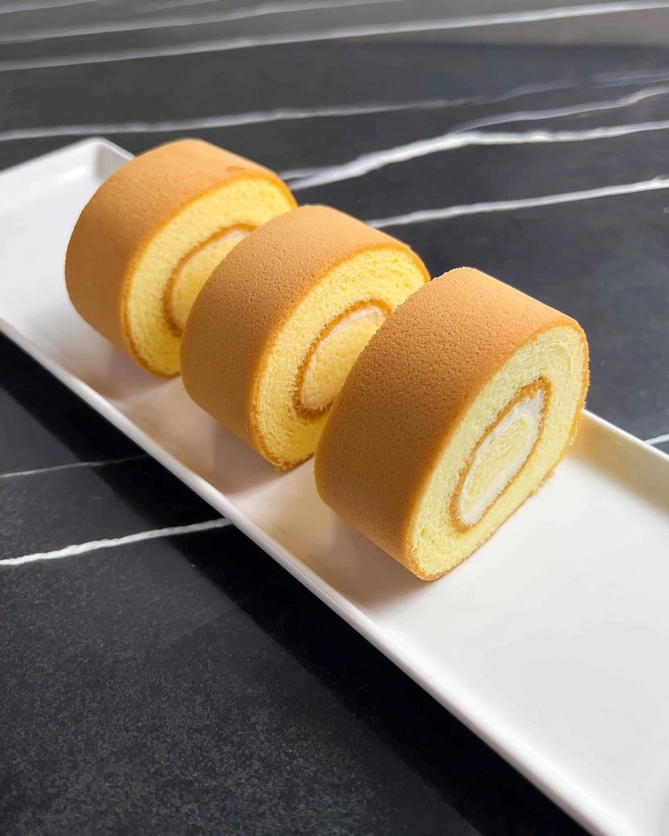 The image shows four yellow Swiss roll cakes on a white plate and a white tray on a white marbled surface. Each Swiss roll has two visible layers: a soft, light brown outer layer wrapping around a pale yellow inner layer that spirals smoothly towards the center. The texture looks soft and spongy with a slight shine on the brown outside. One Swiss roll is placed in the front center on a white plate, while the other three are lined up behind it on a white tray. The background is simple with a smooth, light gray wall. photo taken with an iphone --ar 4:5 --v 7