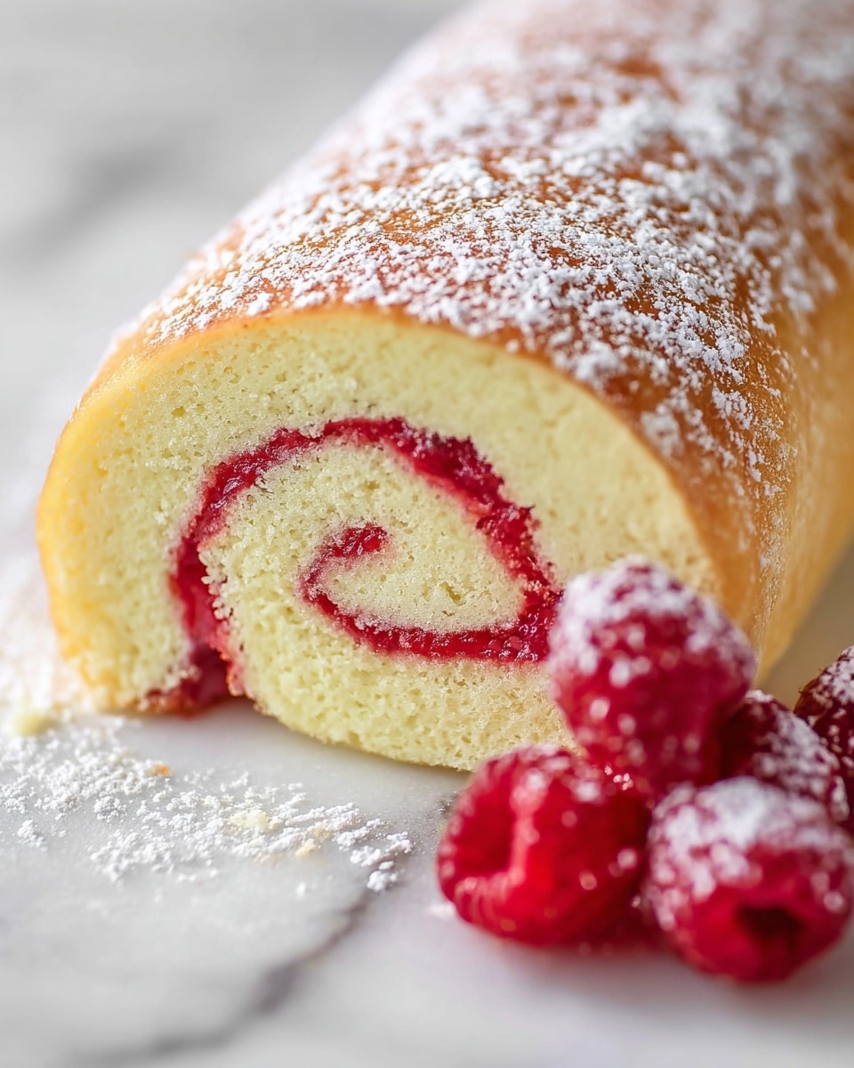 A soft and light yellow cake roll with a shiny, smooth golden-brown outer layer, dusted lightly with white powdered sugar on top. Inside the cake is a spiraled bright red jelly layer that swirls through the center, creating a contrast with the pale yellow cake. Next to the roll, there are fresh red raspberries also dusted with powdered sugar, adding texture and color. All of this is set against a white marbled surface. photo taken with an iphone --ar 4:5 --v 7