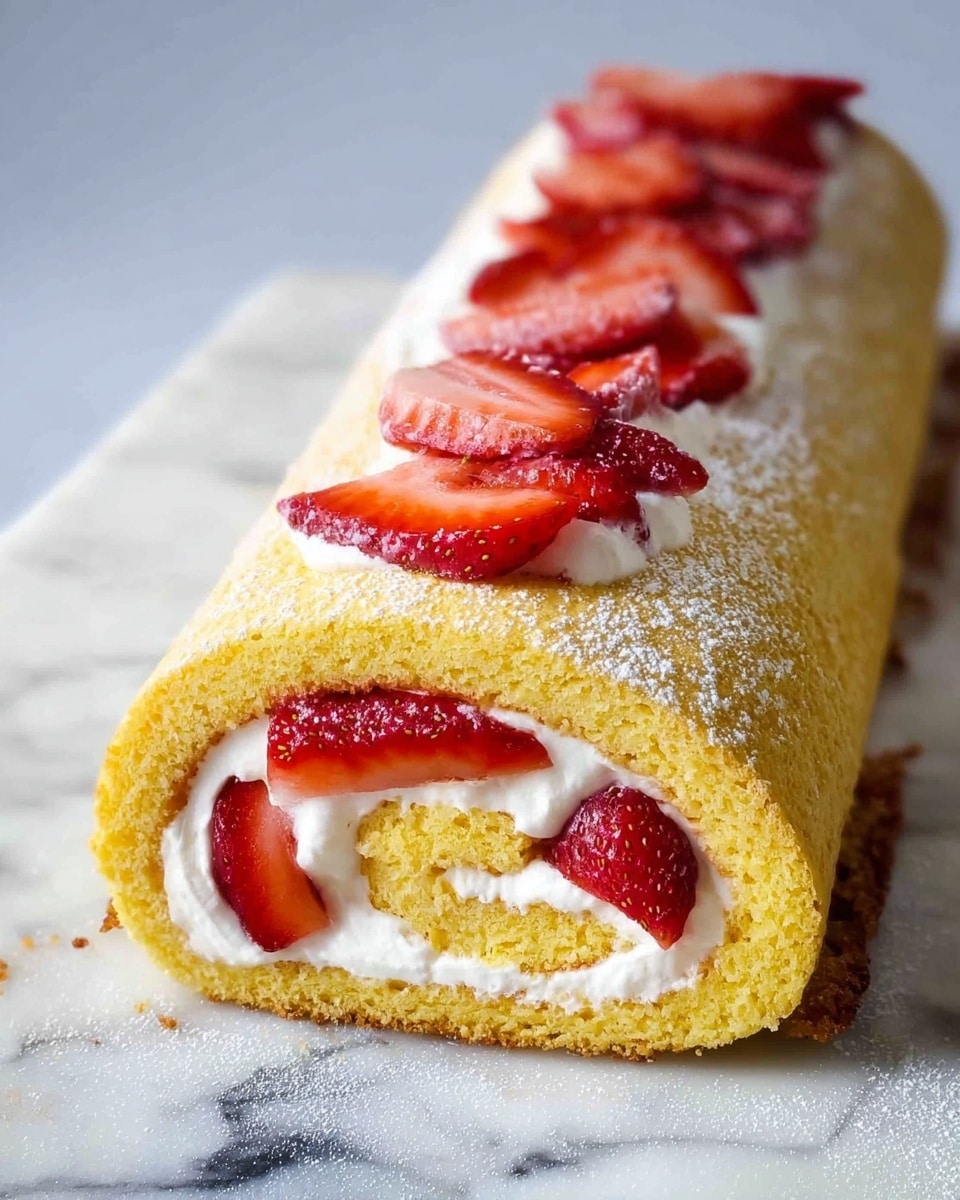 A rolled yellow sponge cake is partially unrolled on a white marbled surface, revealing a layer of white cream spread evenly and topped with bright red sliced strawberries. The cake looks soft and slightly spongy with a light dusting of powdered sugar on the edge. The rolled part shows the cream and strawberries peeking through the spiral inside. Photo taken with an iphone --ar 4:5 --v 7