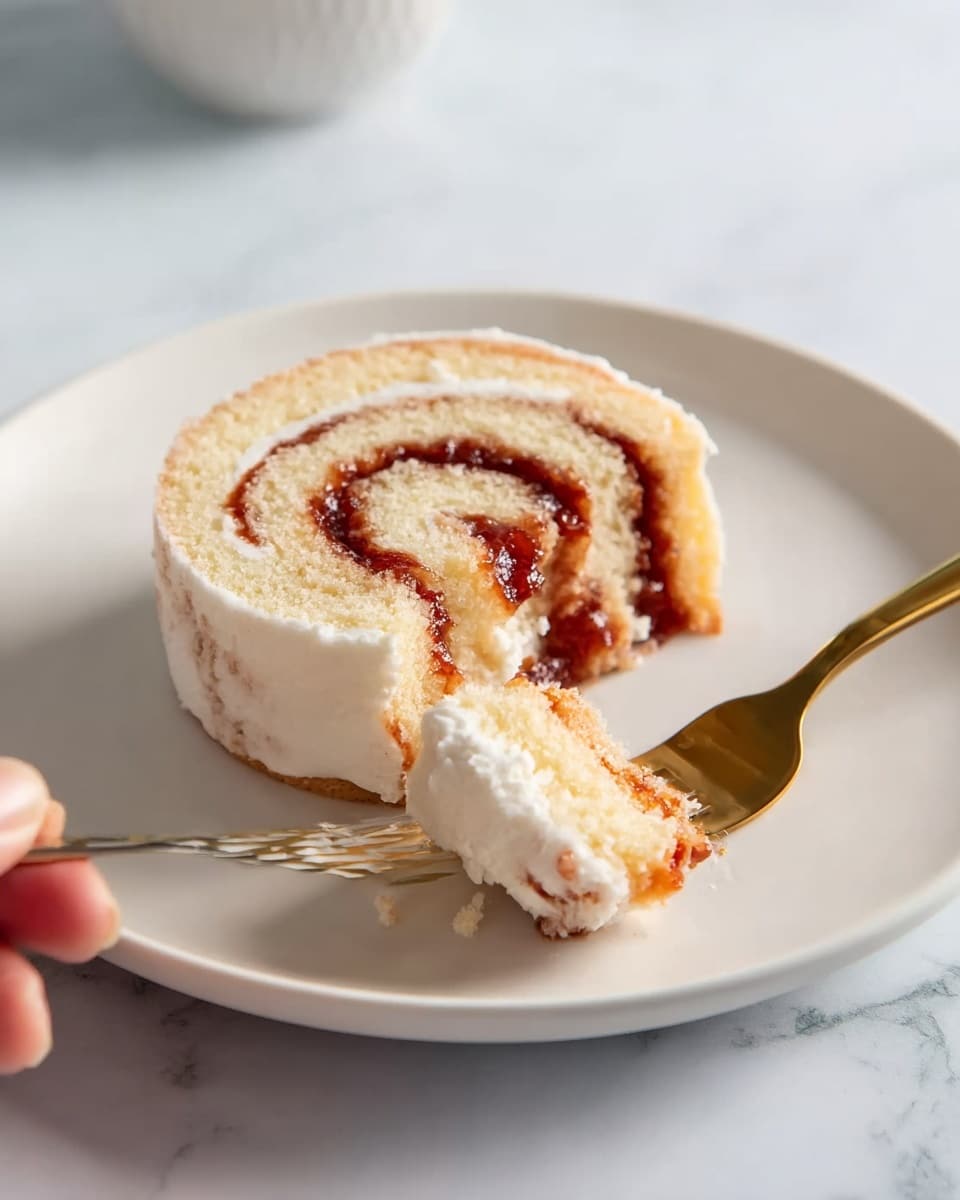 A small round slice of a light brown sponge cake roll with a thick white cream layer inside is shown on a white plate. The cake has a swirl pattern of reddish jam running through the cream, creating a spiral from the center outward. A woman's hand is holding a gold fork with a bite-sized piece lifted from the cake, revealing the soft and fluffy texture inside. The plate is set on a white marbled surface, and the lighting is bright, highlighting the smooth cream and shiny jam. photo taken with an iphone --ar 4:5 --v 7