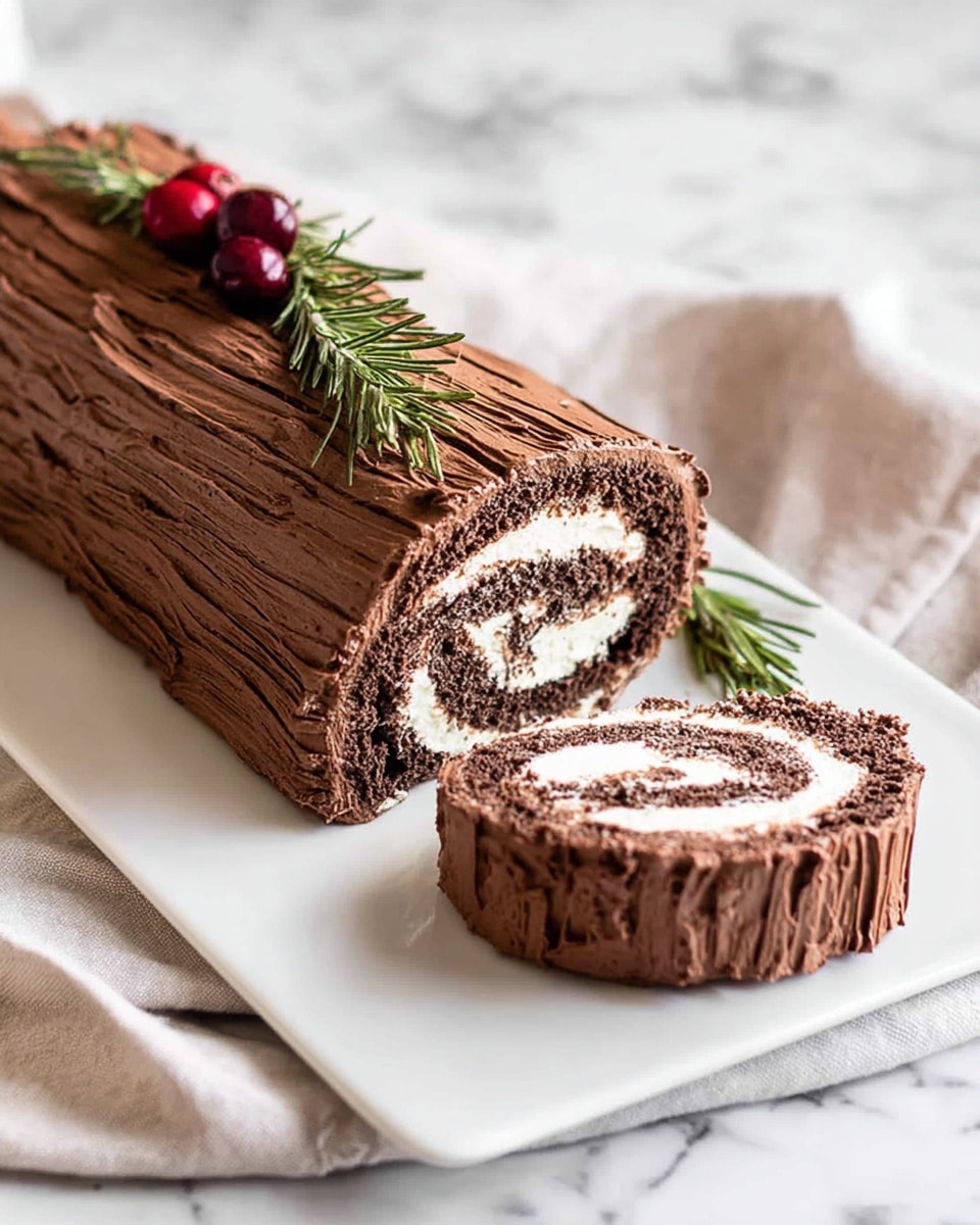 A chocolate roll cake is shown on a white marbled surface, featuring two visible layers: a dark brown choco sponge cake rolled tightly around a thick layer of white cream filling, creating a spiral pattern inside. The outside is fully covered with textured chocolate frosting that looks rough with lines mimicking tree bark. The cake is decorated with small dark red berries and a few sprigs of green rosemary placed on top. The focus is on the cut end of the roll, with the rest of the cake placed behind it. Photo taken with an iphone --ar 4:5 --v 7