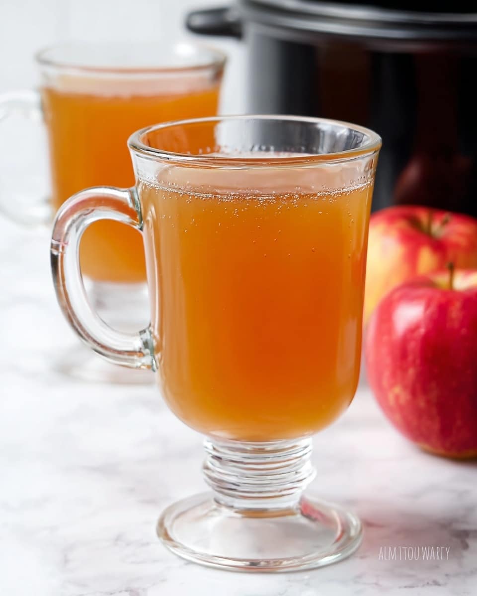 The image shows a clear glass mug filled with a warm light brown drink, probably cider or tea, with tiny bubbles on the inside near the top. The mug has a thick base and a sturdy clear handle on the left side. Behind this mug, there is another similar clear glass mug with the same drink, slightly out of focus. To the right side, there are two red apples resting on a white marbled surface. In the background, there is a black slow cooker or pot with a handle visible on the right side. The whole scene is set on a white marbled surface, creating a clean and bright look. photo taken with an iphone --ar 4:5 --v 7