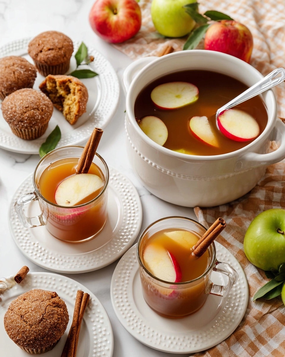 The image shows a white bowl filled with dark amber-colored apple cider, floating with several slices of red and green apples and a ladle inside. Around the bowl are three clear glass mugs each holding the same amber cider with two apple slices and a cinnamon stick placed vertically inside. Two of the mugs sit on white plates with small raised dot patterns around the edge. To the top left, three cinnamon sugar muffins are arranged on another white plate, with one muffin having a bite taken out, revealing a soft, moist texture inside. The background features a white marbled surface topped with a beige and white checkered cloth. Scattered fresh apples with green leaves and cinnamon sticks complete the cozy autumn setting. photo taken with an iphone --ar 4:5 --v 7