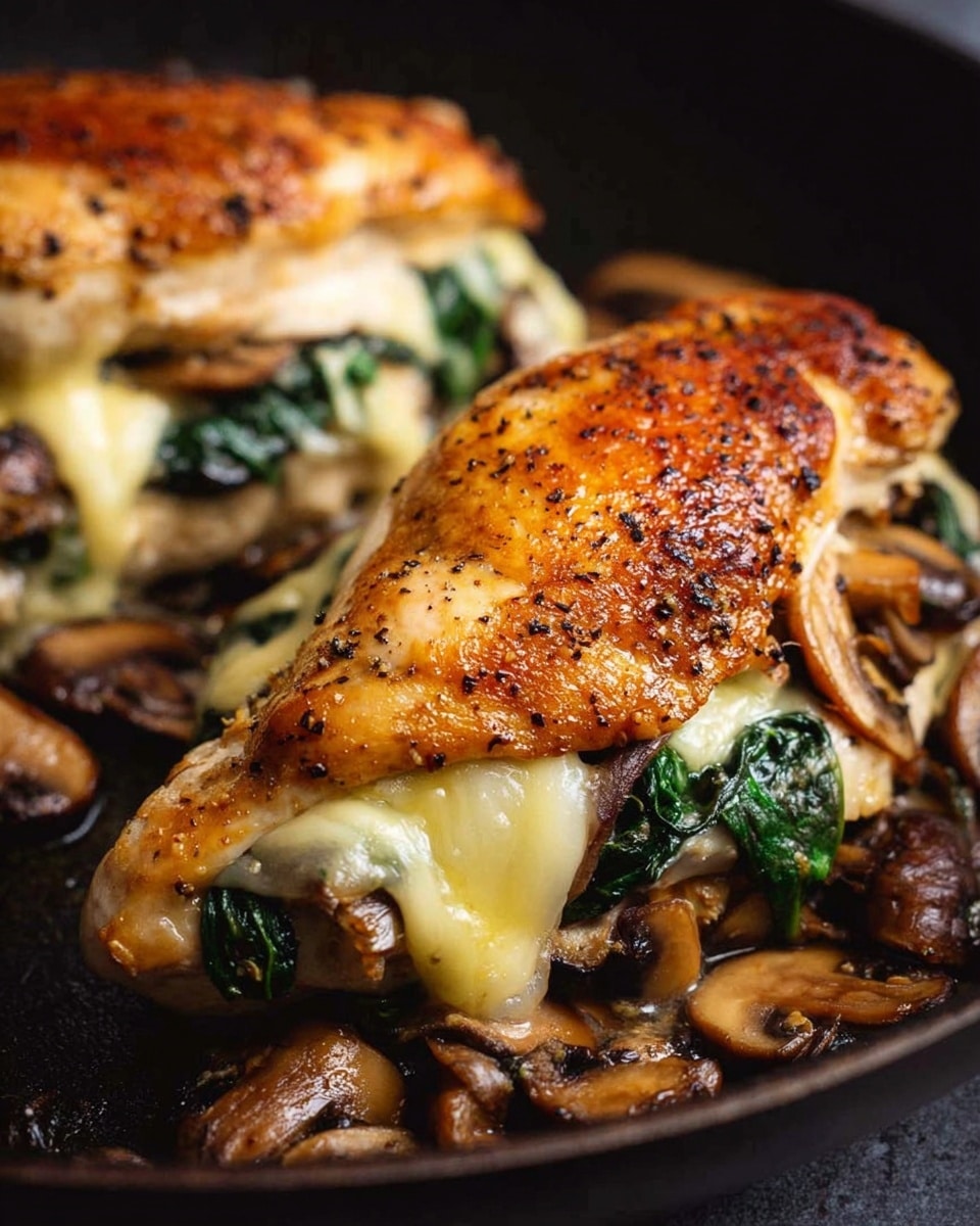 A close-up of a layered cooked chicken dish being lifted by a fork, showing three main layers: the top layer is golden-brown cooked chicken with a firm texture, the middle layer has melted white cheese stretching down with visible bits of green spinach and slices of brown mushrooms, and the bottom layer is another piece of golden-brown cooked chicken with melted cheese and spinach peeking out. The background is softly blurred with a white marbled surface beneath the dish. Photo taken with an iphone --ar 4:5 --v 7